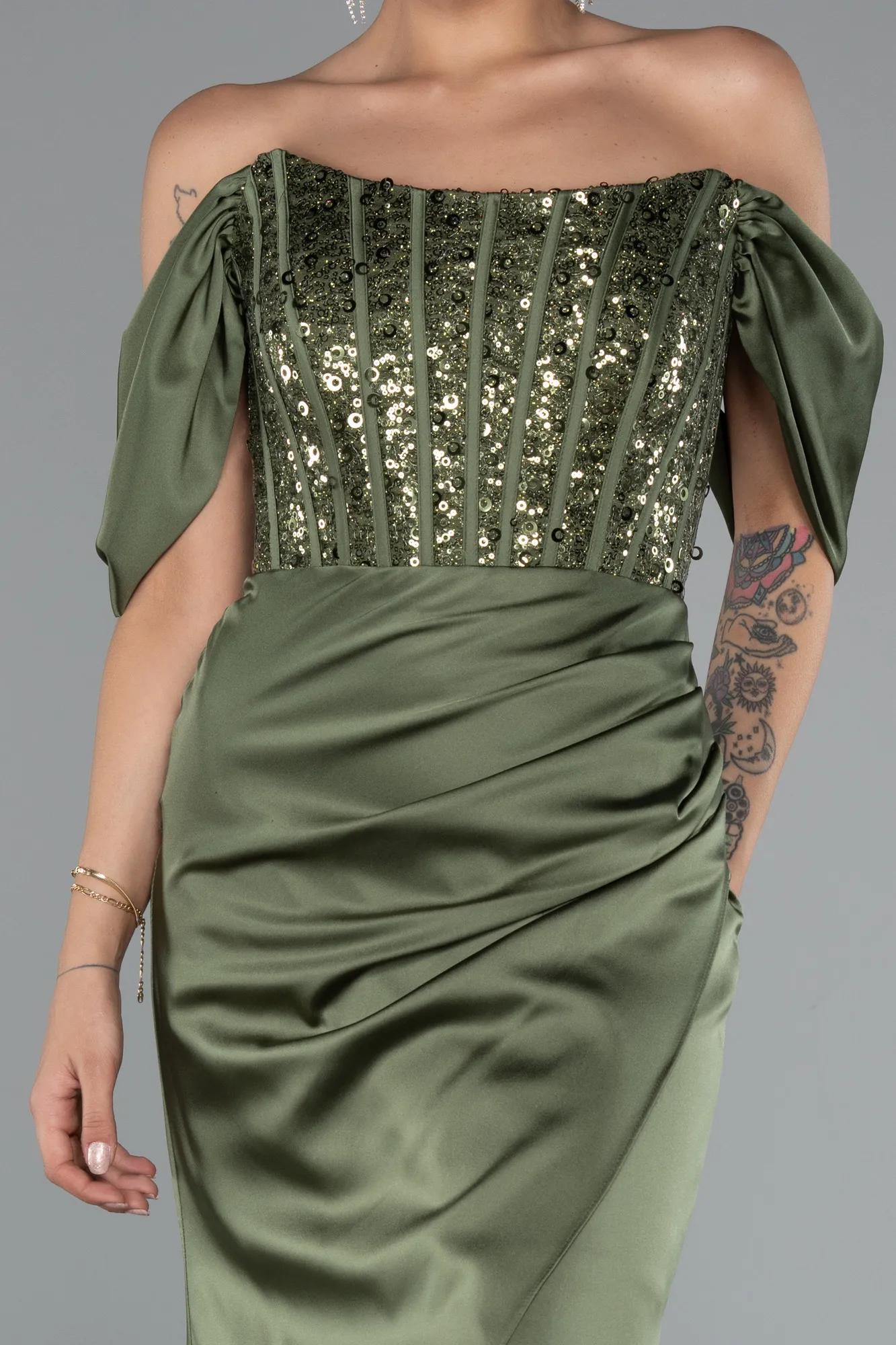Olive Drab-Long Satin Evening Dress ABU4974