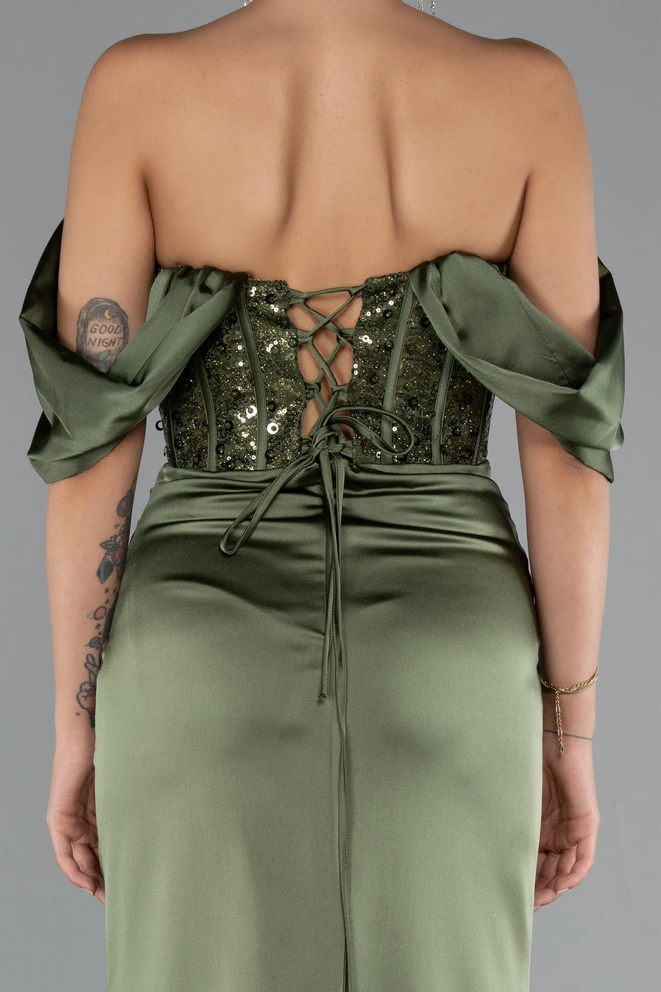 Olive Drab-Long Satin Evening Dress ABU4974