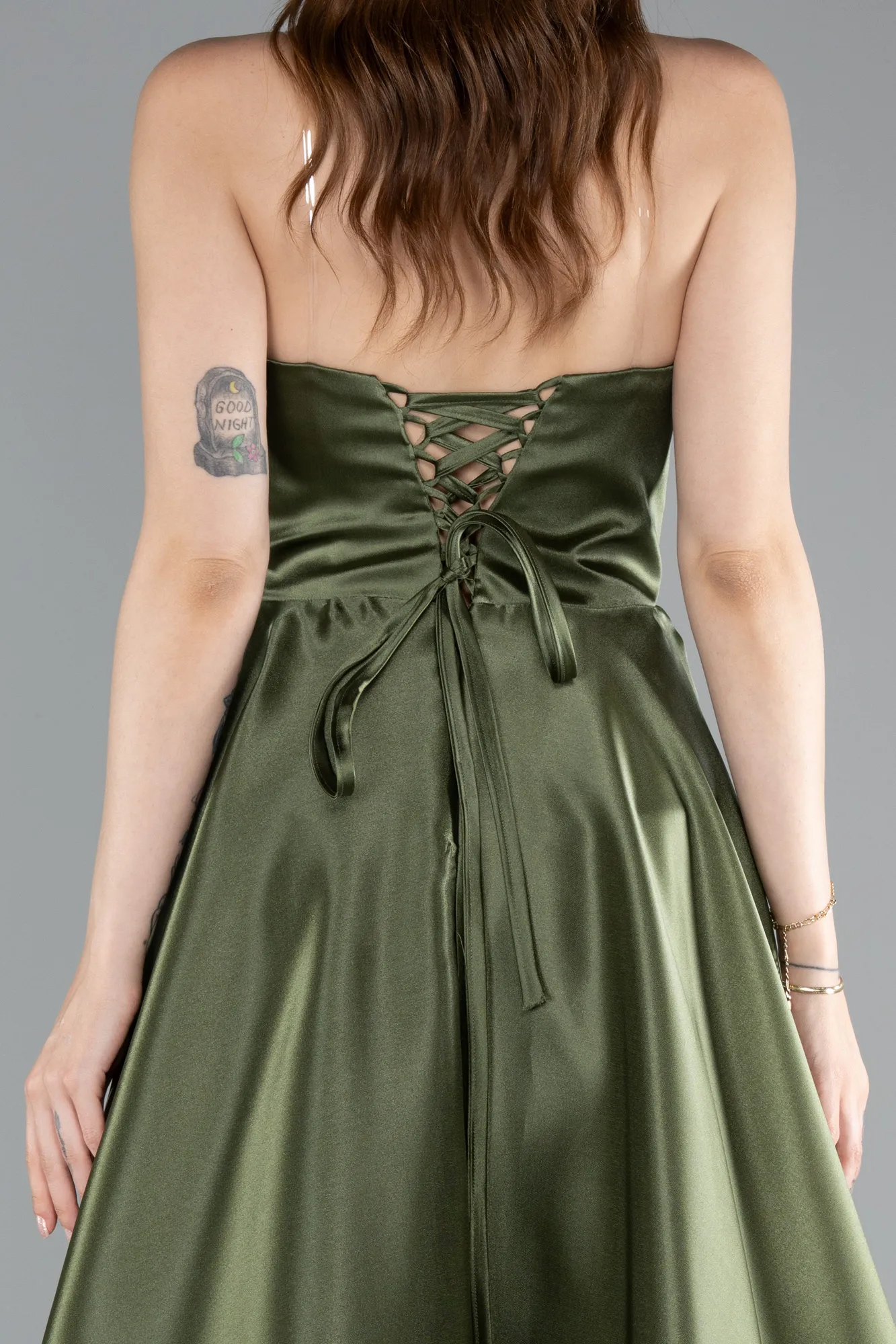 Olive Drab-Long Satin Evening Dress ABU4975