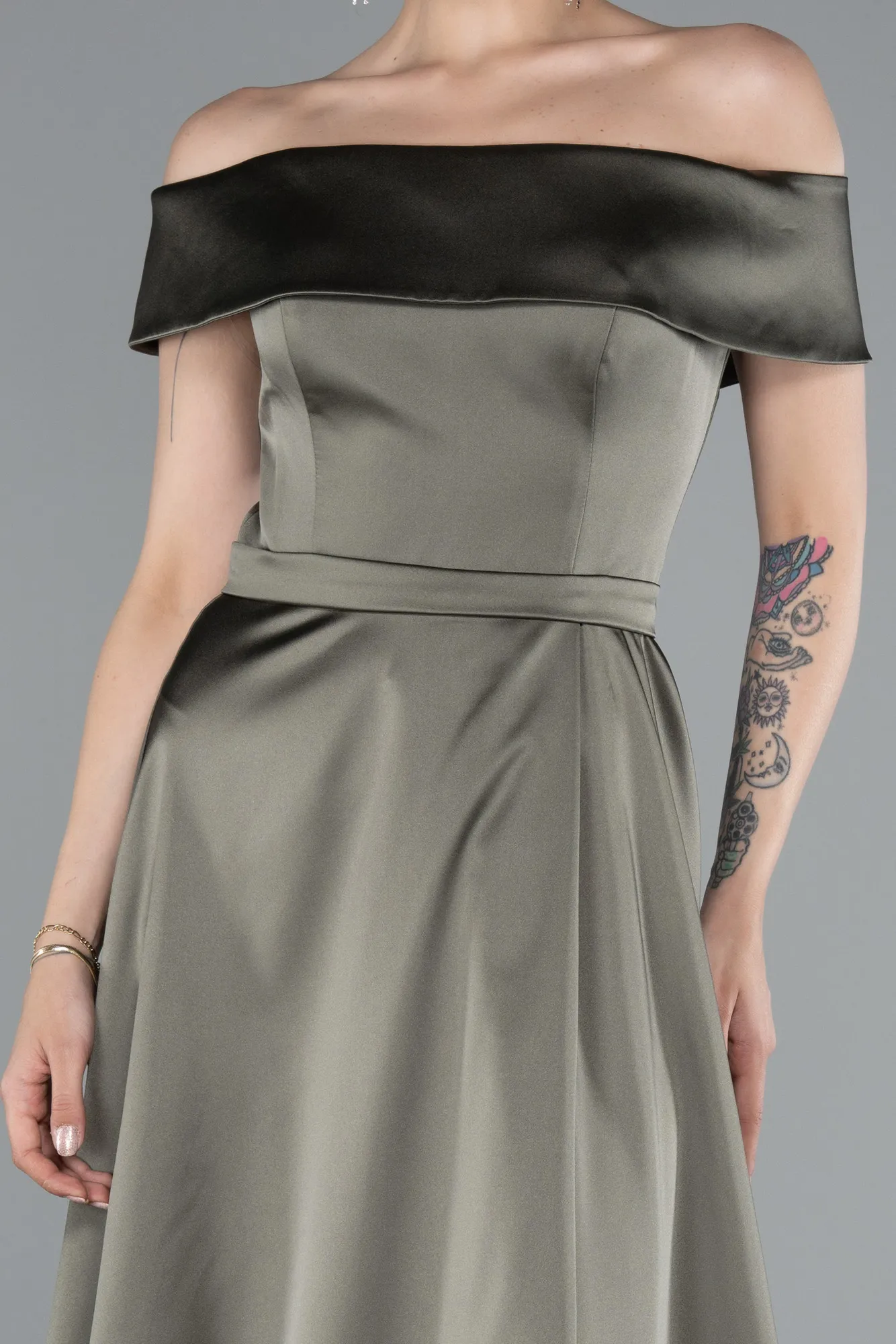 Olive Drab-Long Satin Evening Dress ABU4982