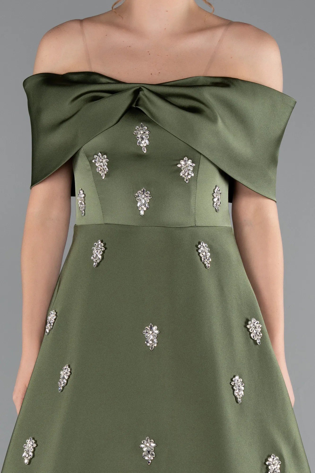 Olive Drab-Long Satin Evening Dress ABU5020