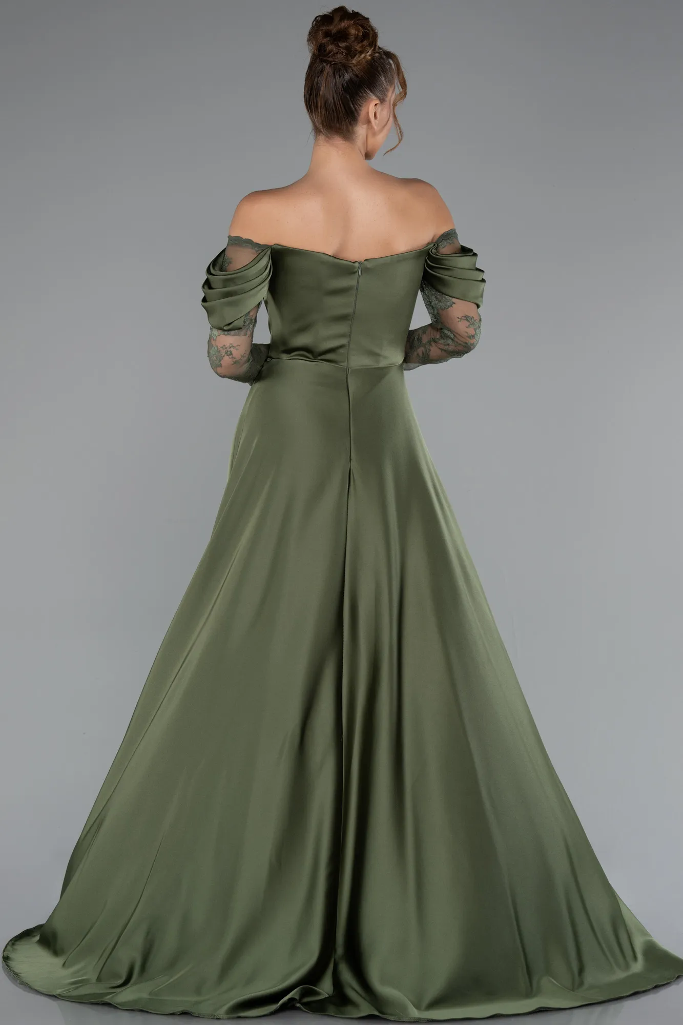 Olive Drab-Long Satin Evening Dress ABU5054