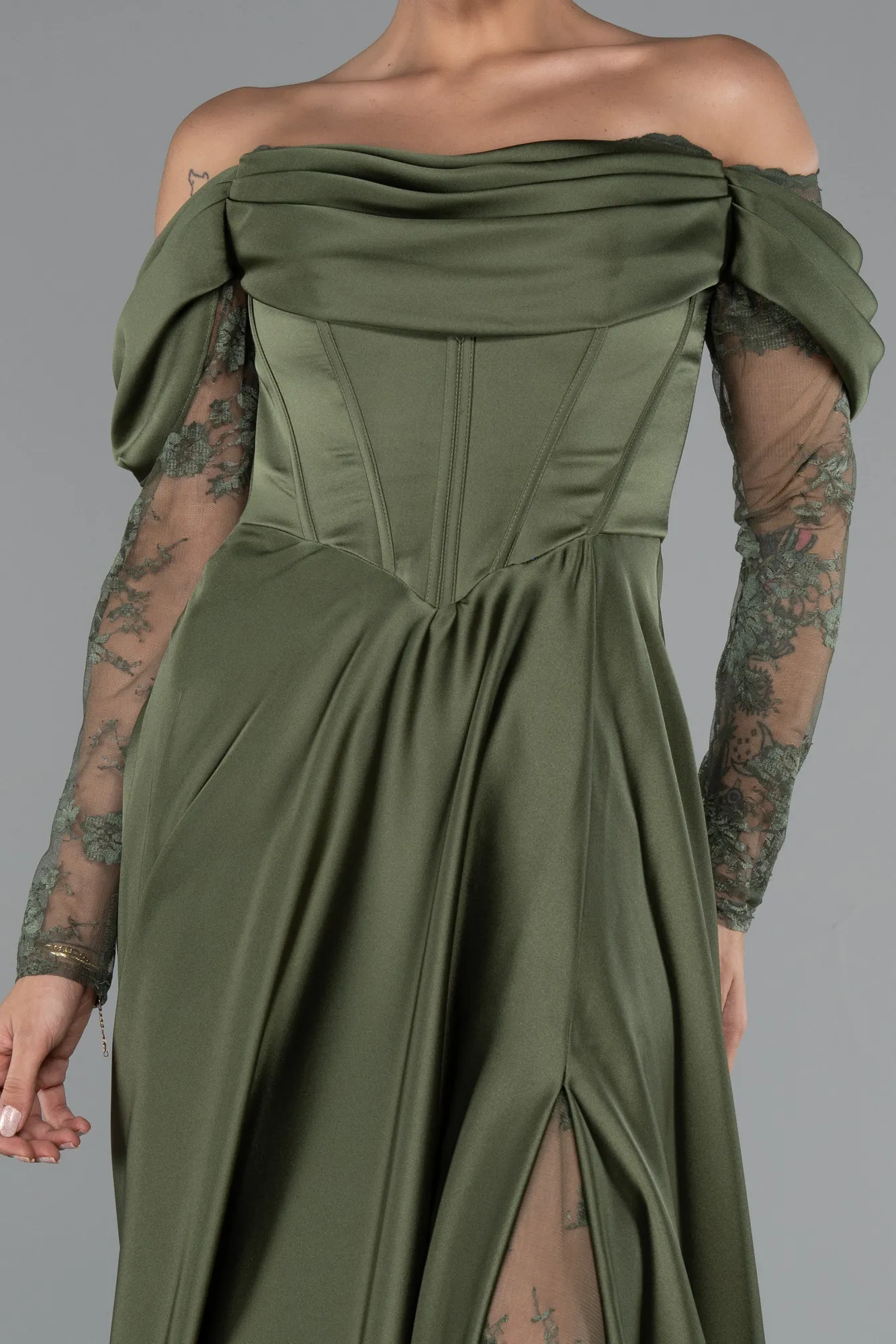Olive Drab-Long Satin Evening Dress ABU5054