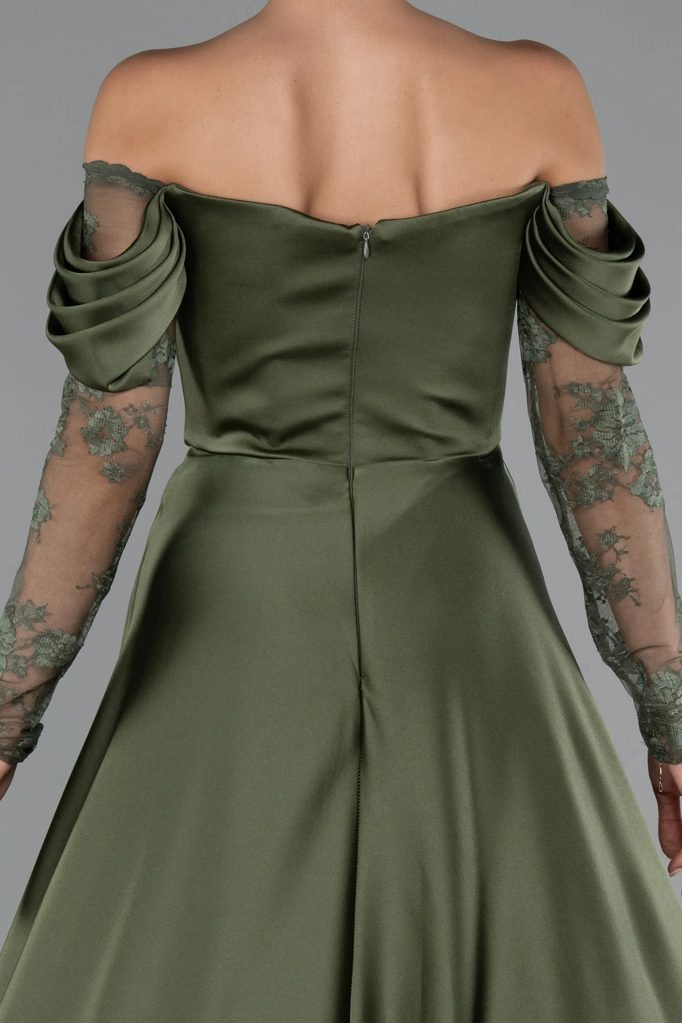 Olive Drab-Long Satin Evening Dress ABU5054