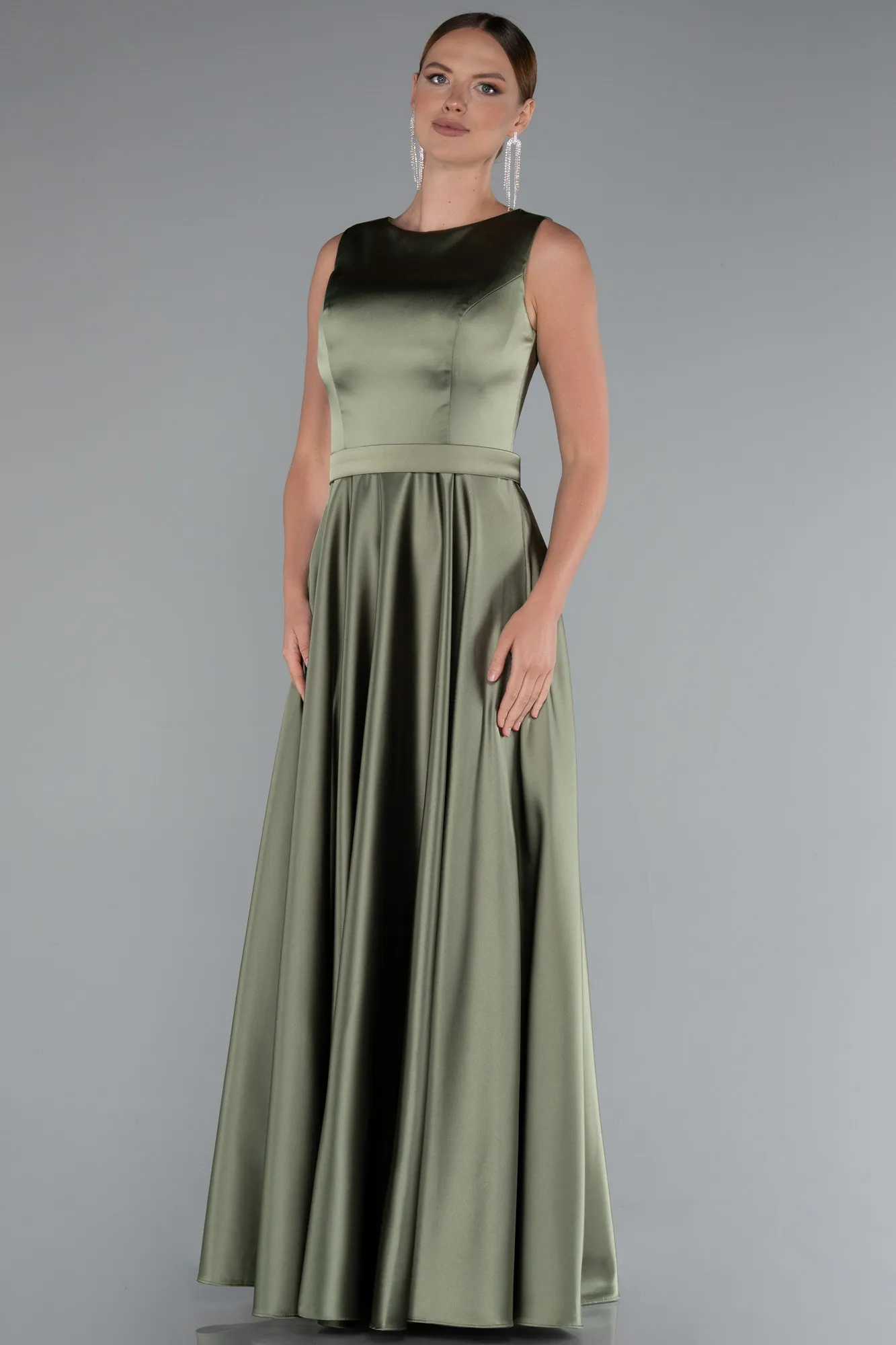 Olive Drab-Long Satin Evening Dress ABU5060