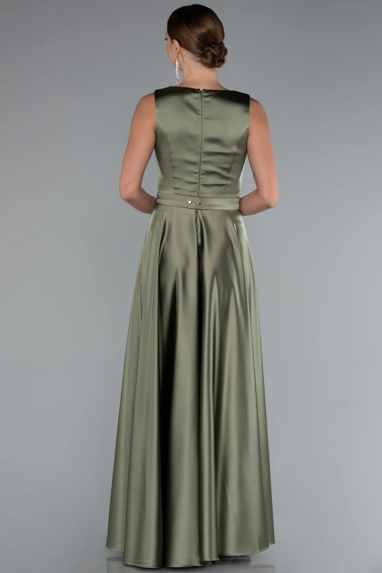 Olive Drab-Long Satin Evening Dress ABU5060
