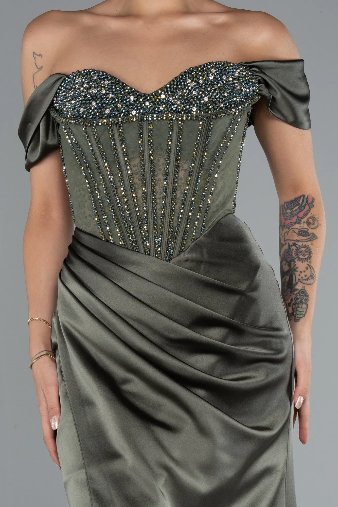 Olive Drab-Long Satin Evening Dress ABU5130