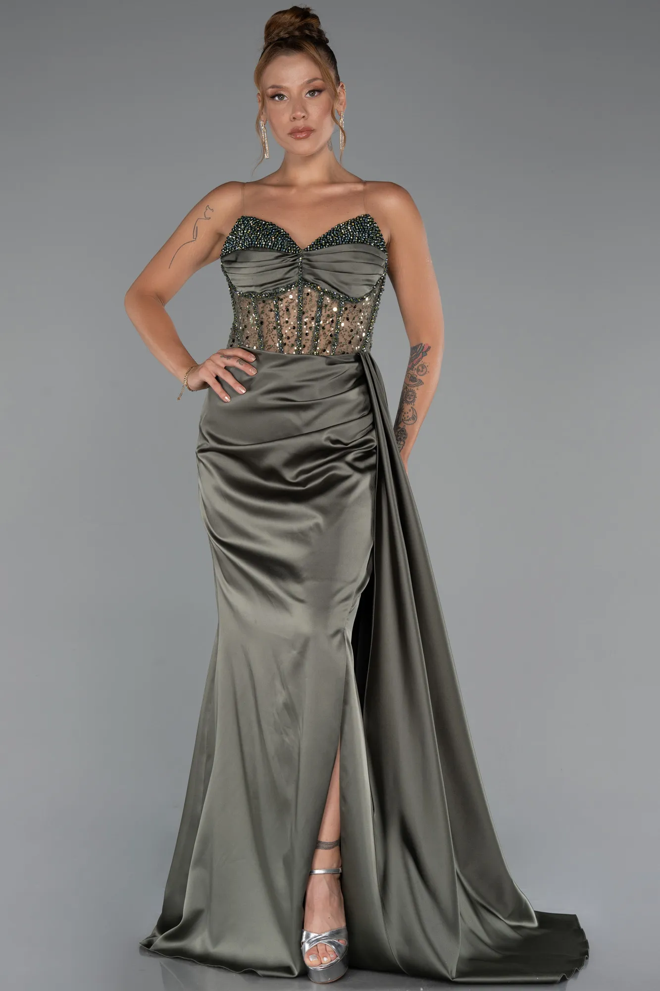 Olive Drab-Long Satin Evening Dress ABU5288