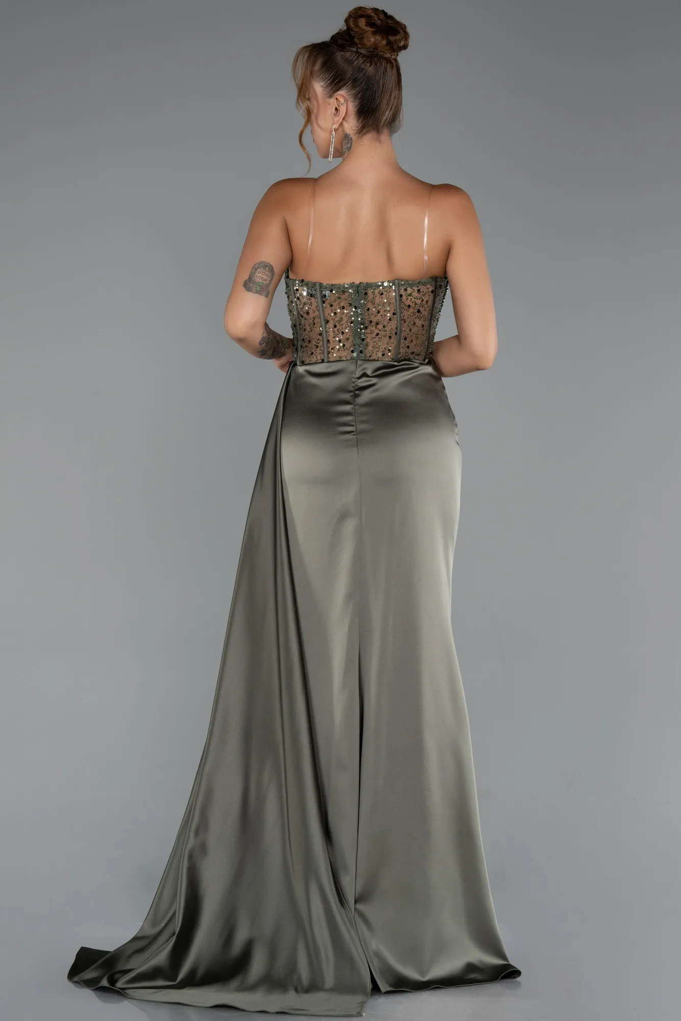 Olive Drab-Long Satin Evening Dress ABU5288