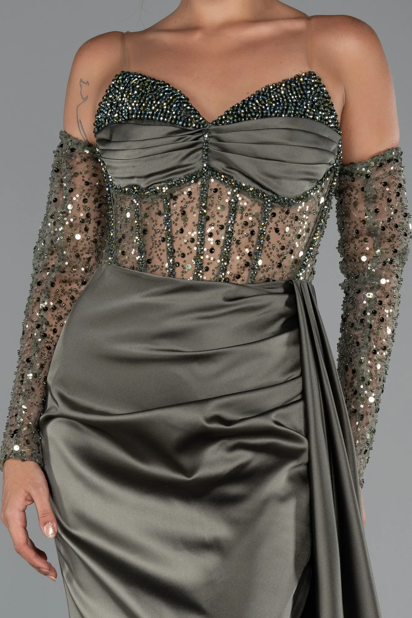 Olive Drab-Long Satin Evening Dress ABU5288