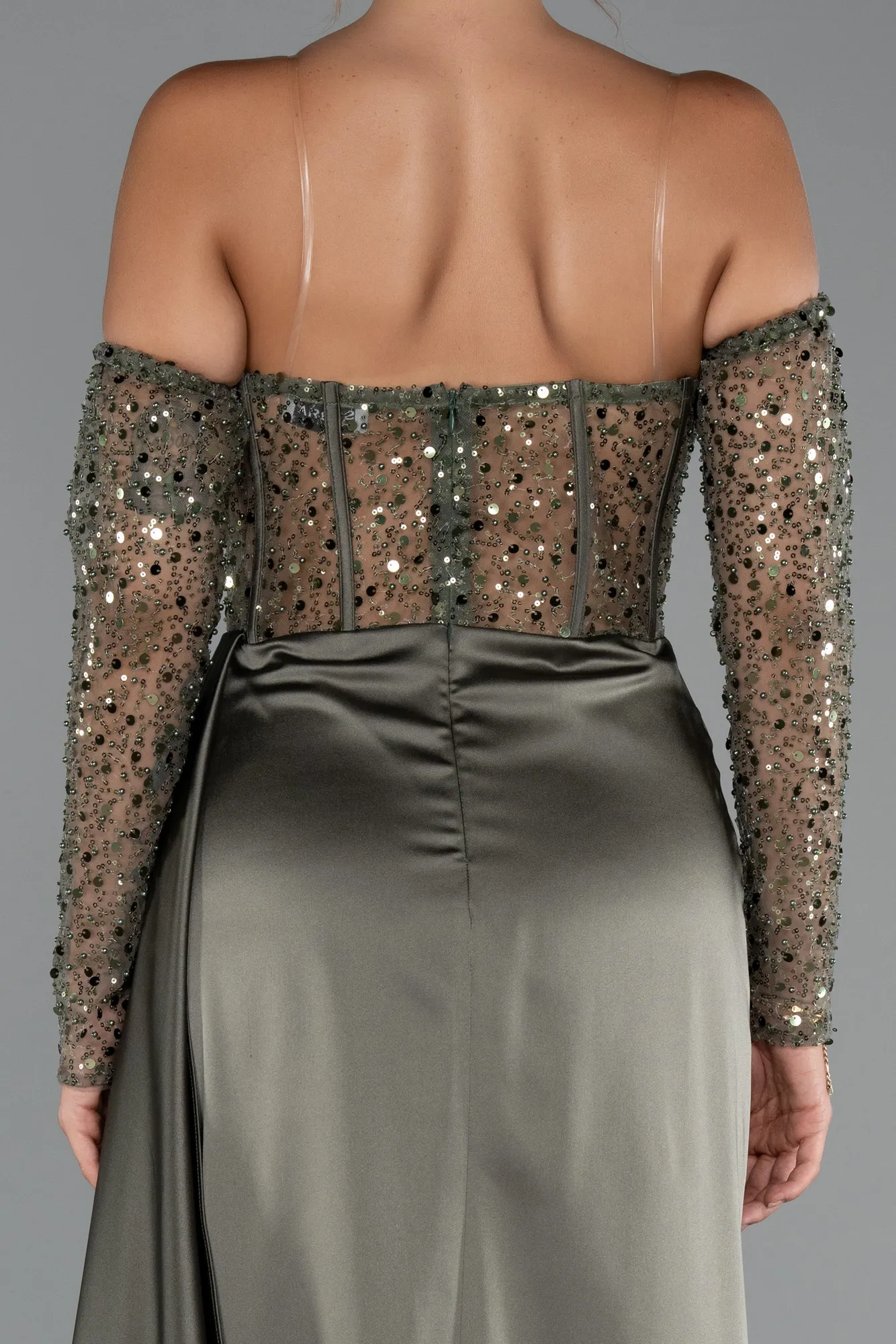 Olive Drab-Long Satin Evening Dress ABU5288