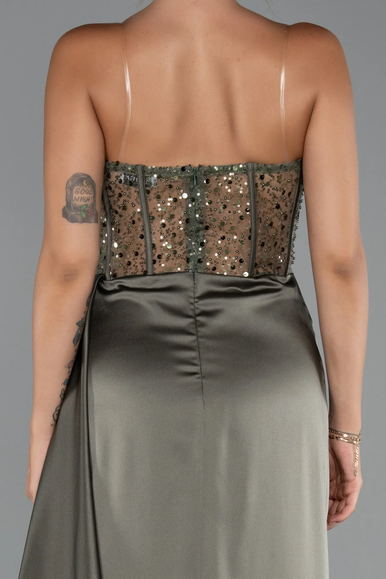 Olive Drab-Long Satin Evening Dress ABU5288