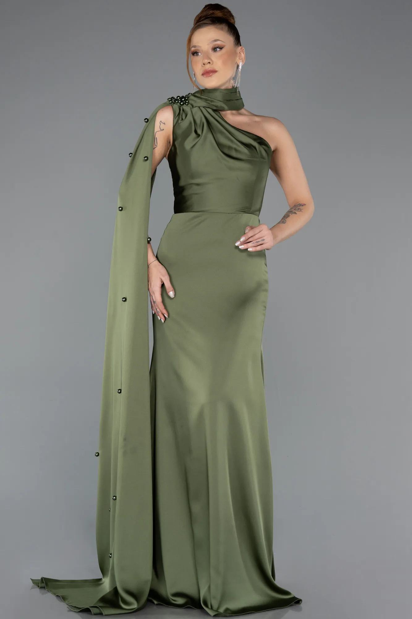 Olive Drab-Long Satin Evening Dress ABU5442