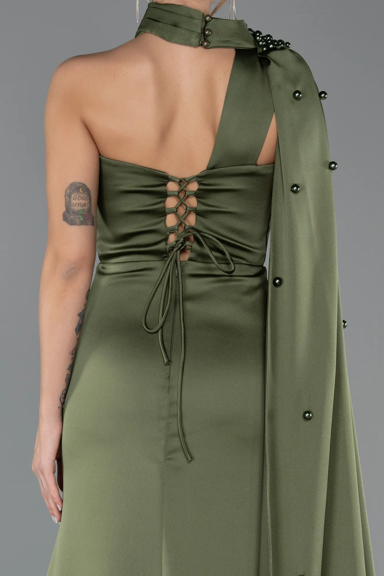Olive Drab-Long Satin Evening Dress ABU5442
