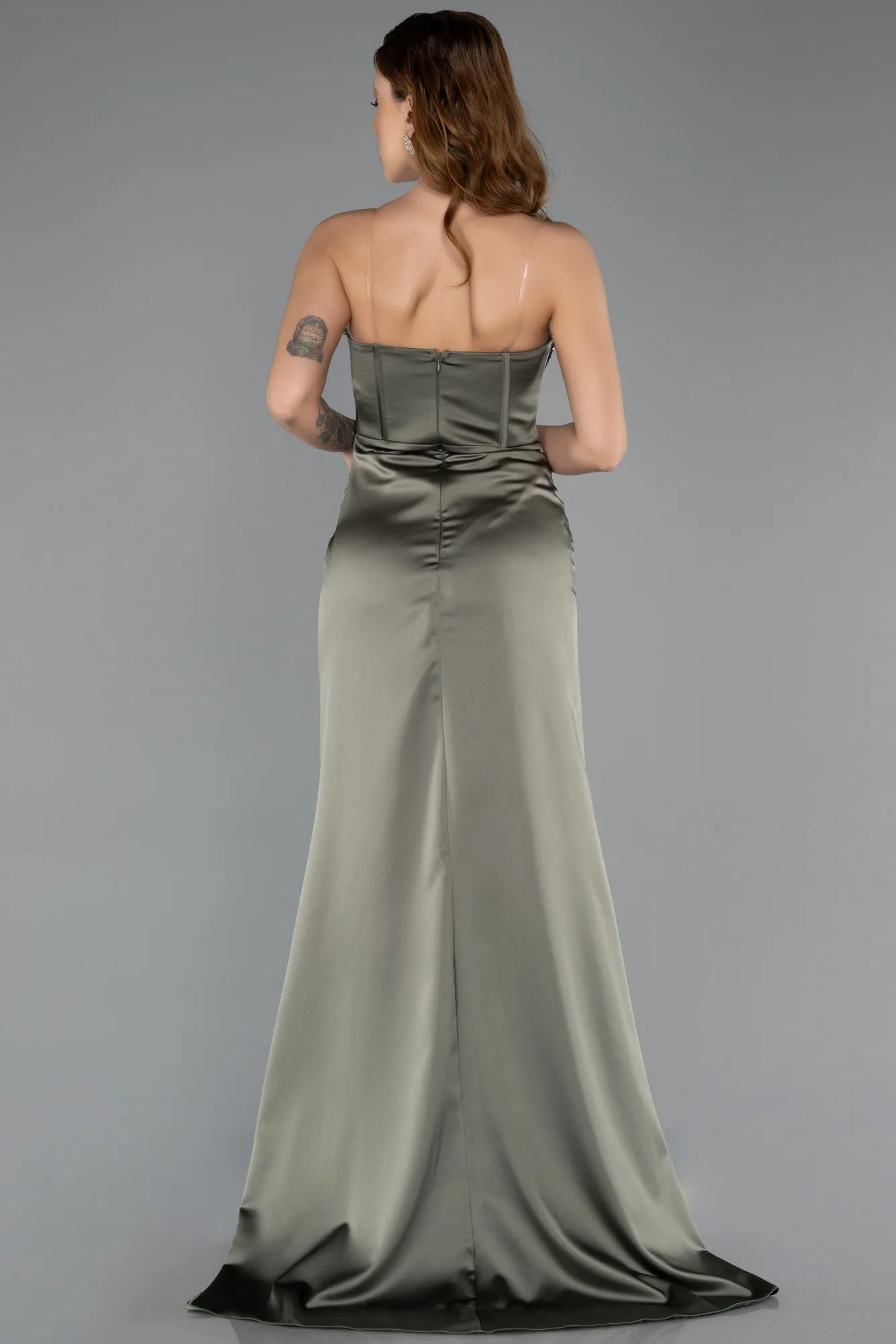 Olive Drab-Long Satin Evening Dress ABU5499