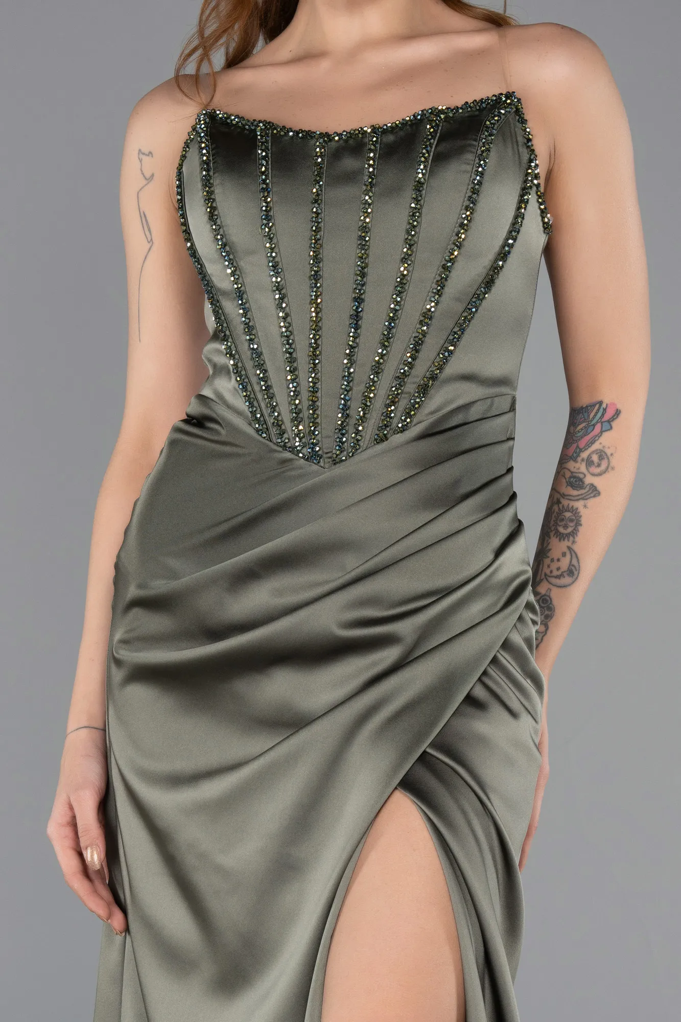 Olive Drab-Long Satin Evening Dress ABU5499