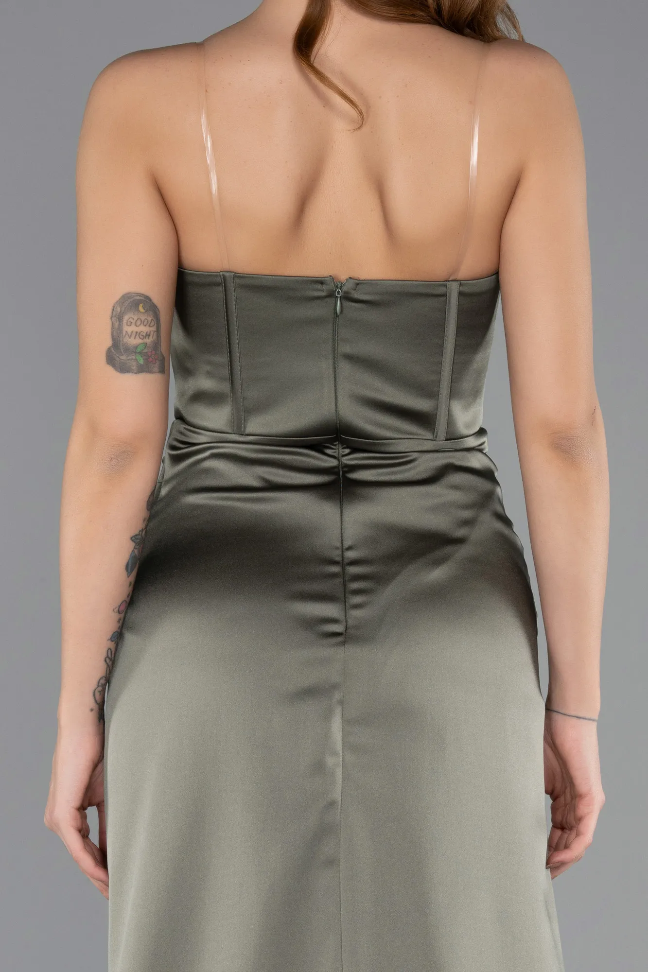Olive Drab-Long Satin Evening Dress ABU5499