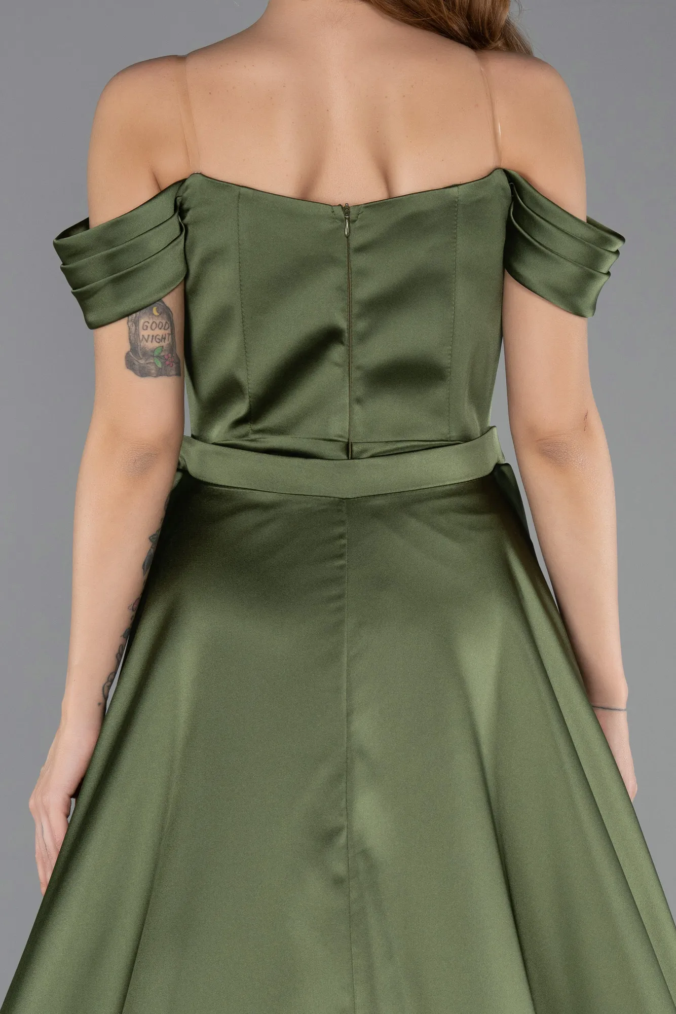 Olive Drab-Long Satin Evening Dress ABU5507
