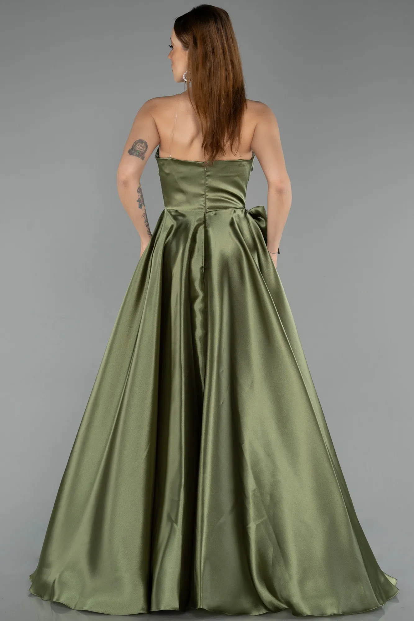 Olive Drab-Long Satin Evening Dress ABU5541