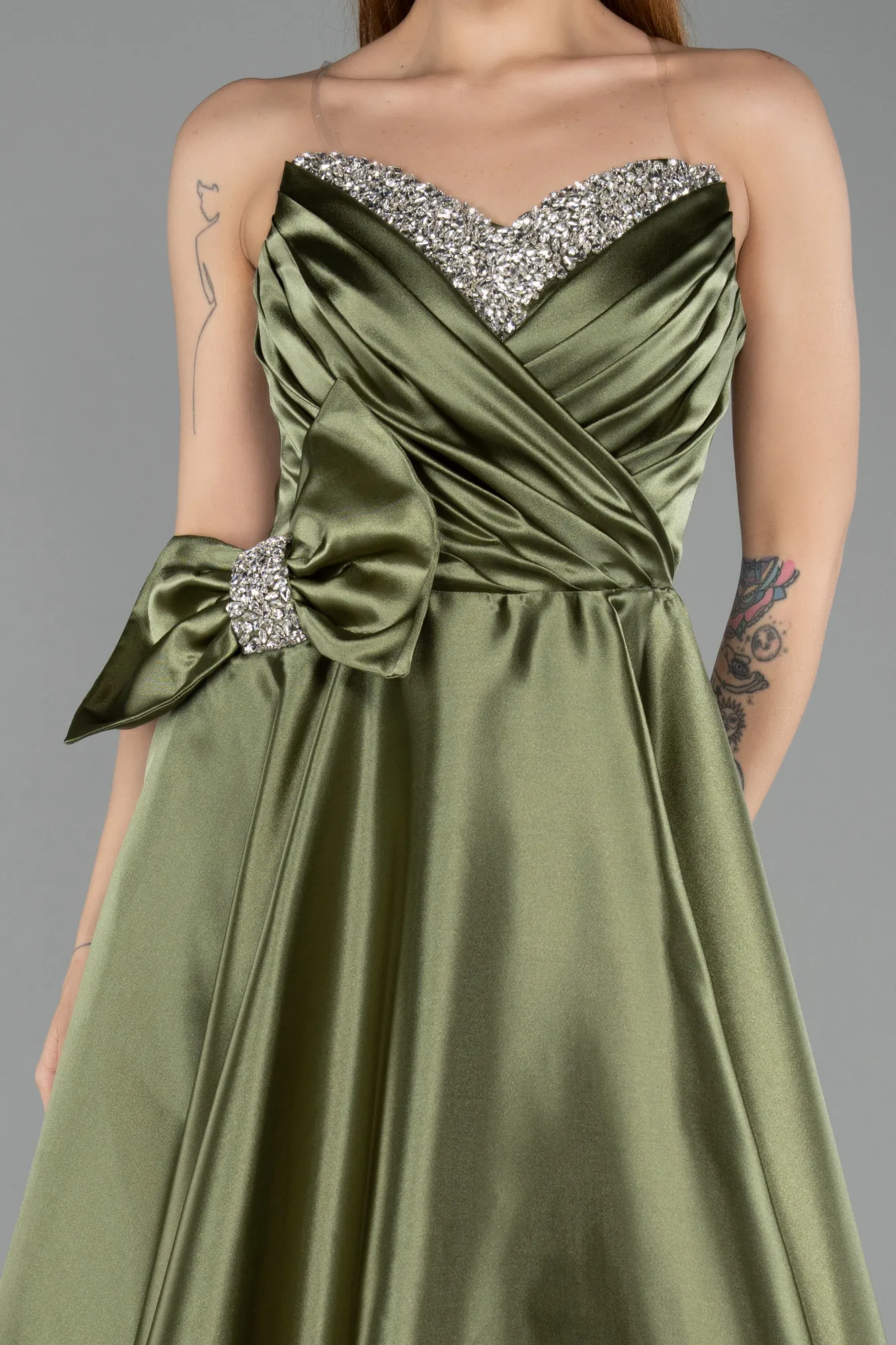 Olive Drab-Long Satin Evening Dress ABU5541