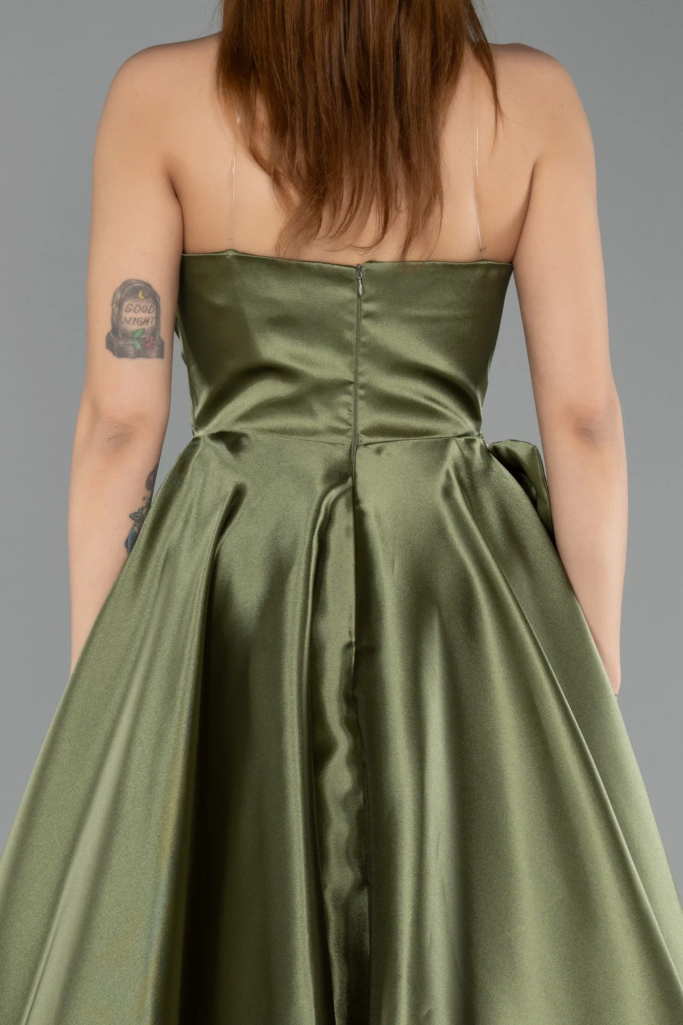 Olive Drab-Long Satin Evening Dress ABU5541