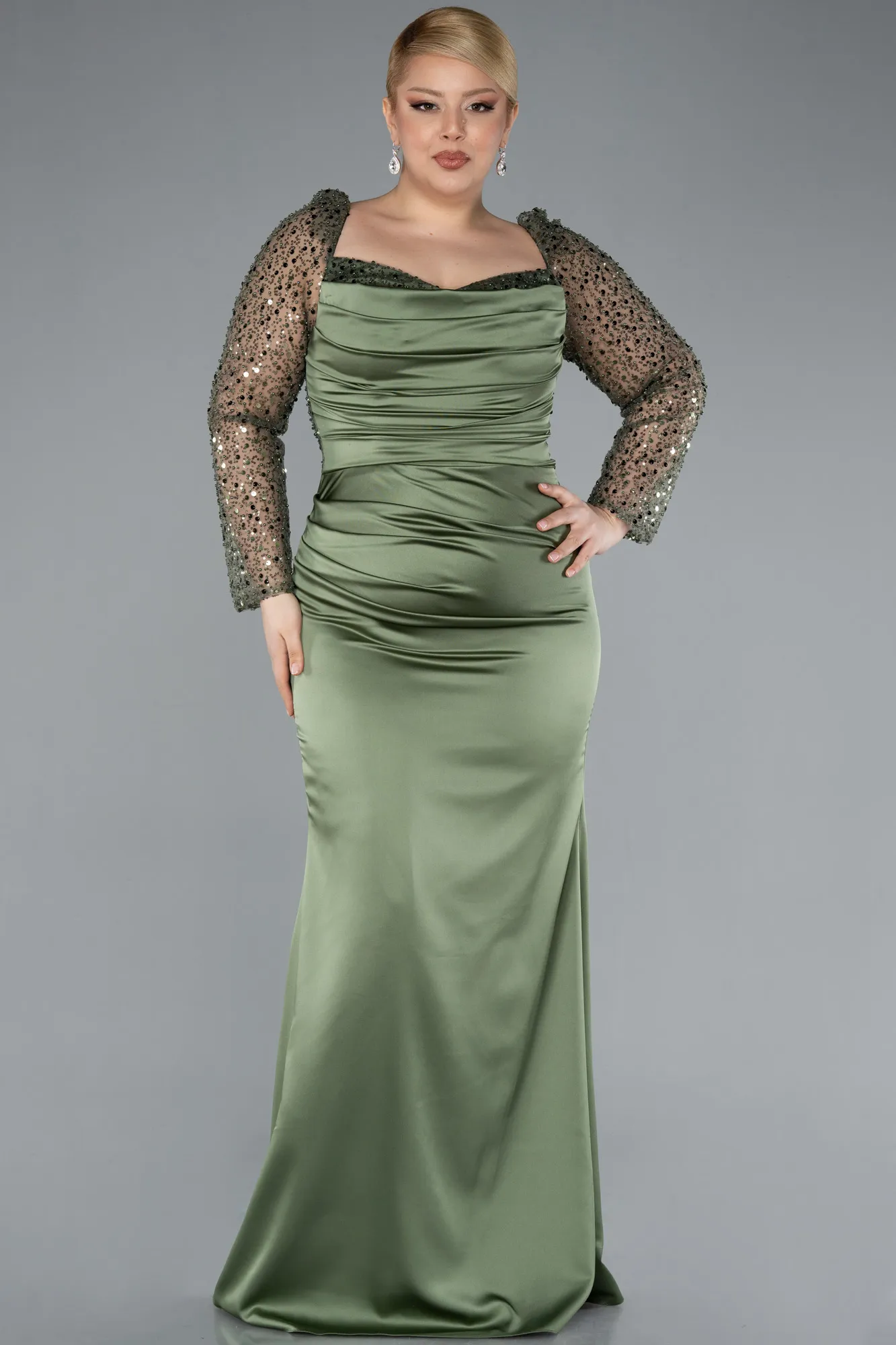 Olive Drab-Long Satin Formal Plus Size Dress ABU4670