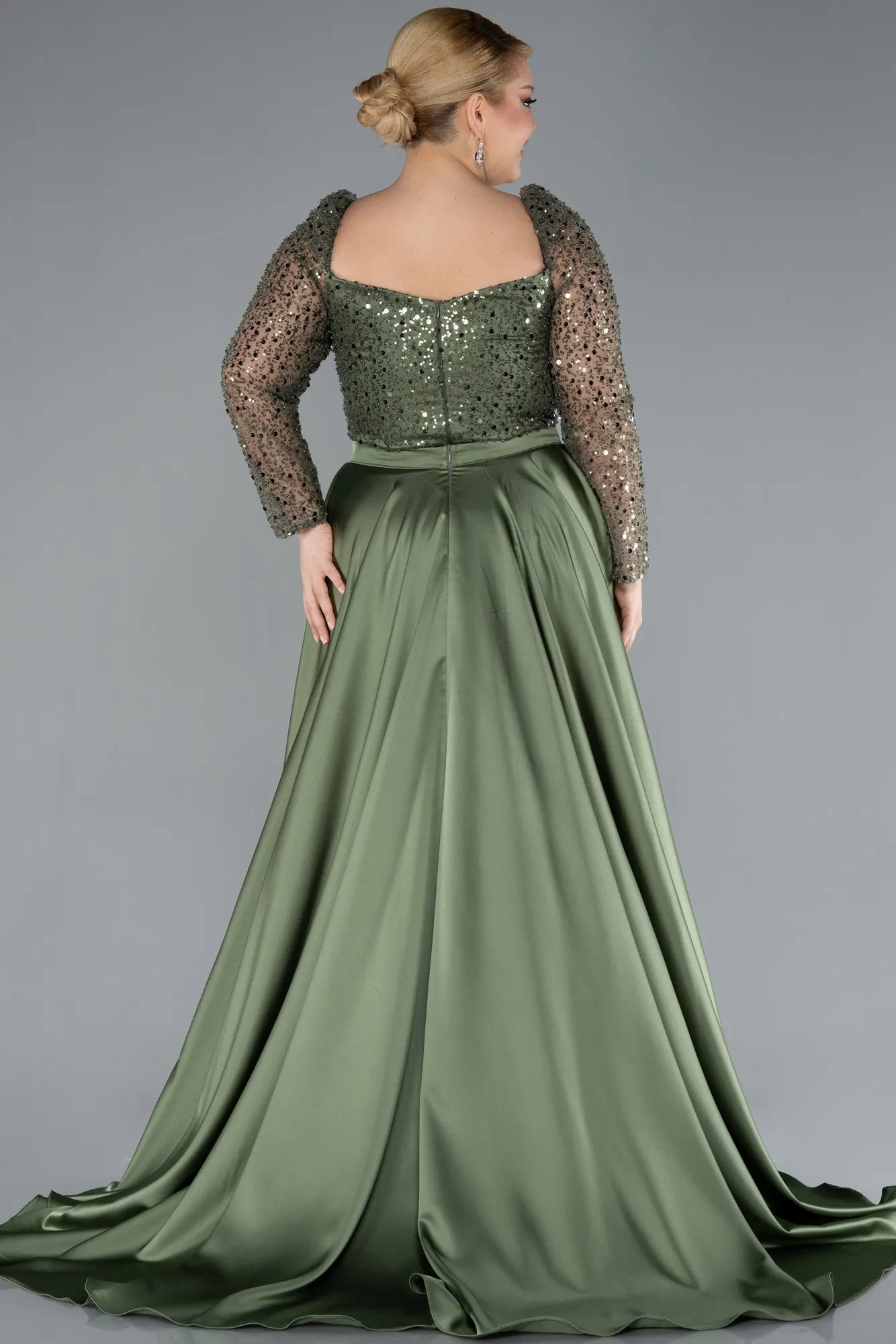 Olive Drab-Long Satin Formal Plus Size Dress ABU4670