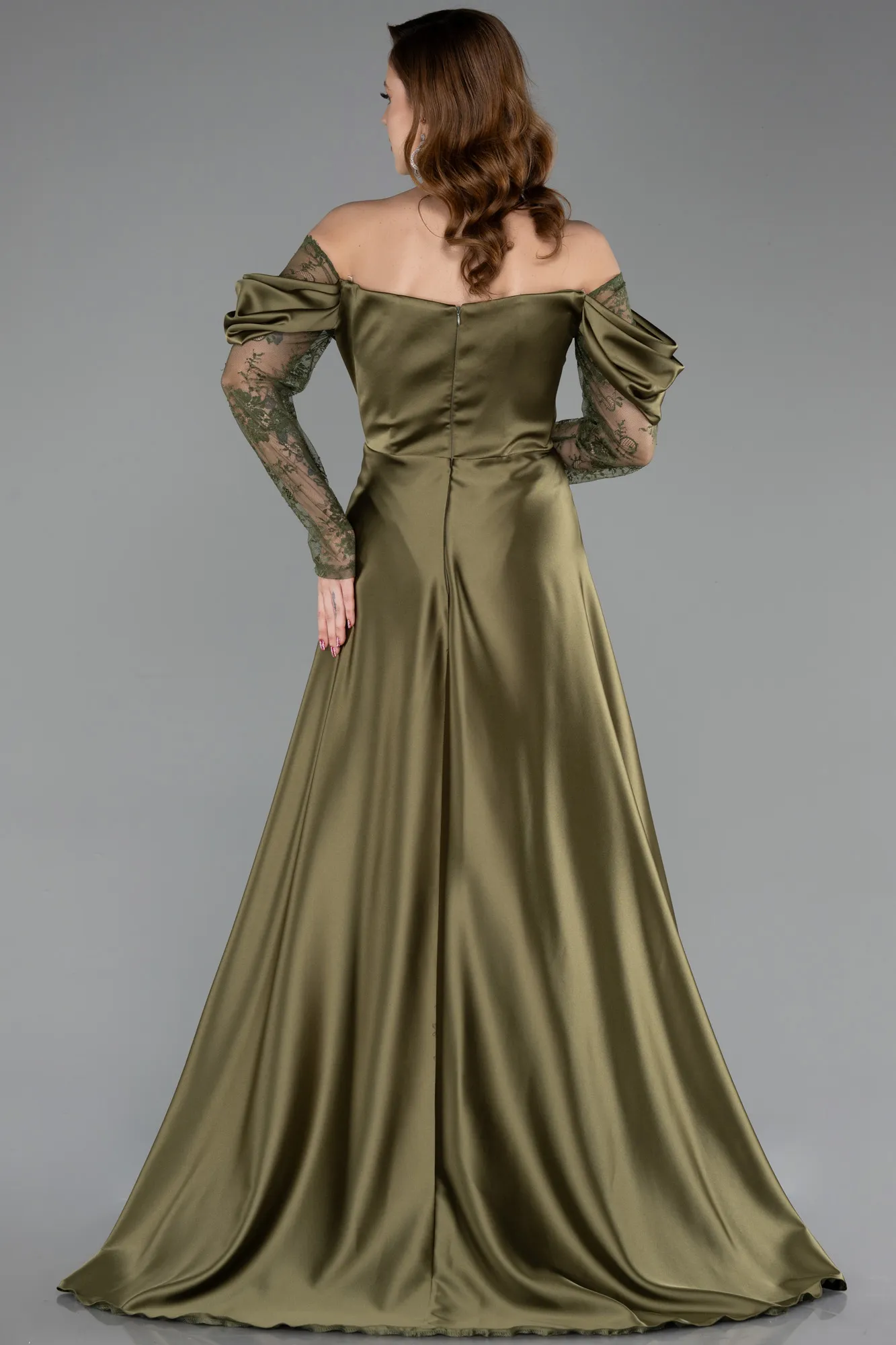 Olive Drab-Long Satin Formal Plus Size Dress ABU5261