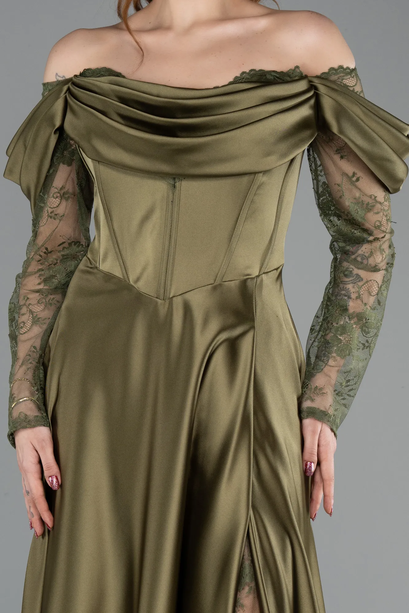 Olive Drab-Long Satin Formal Plus Size Dress ABU5261