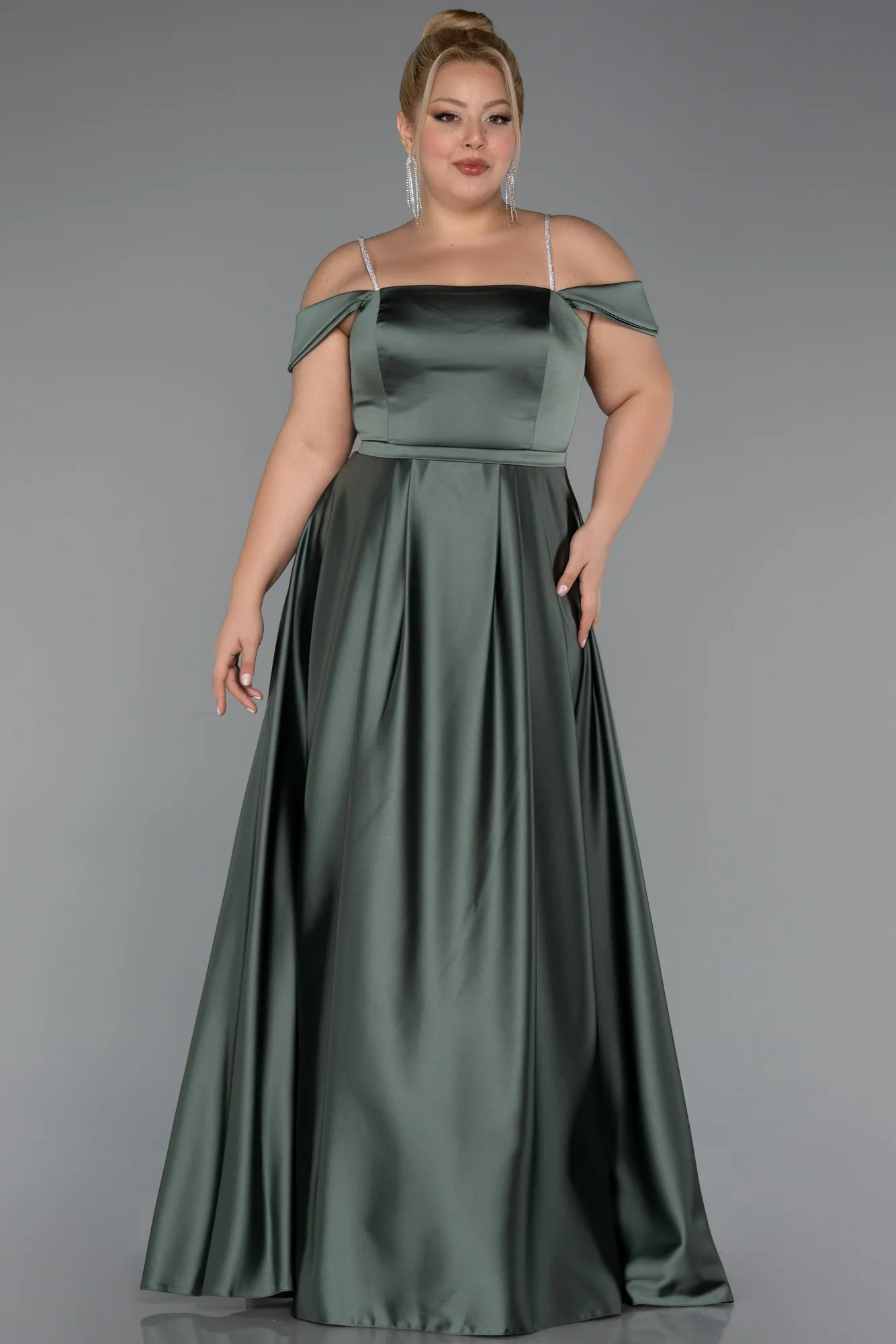 Olive Drab-Long Satin Formal Plus Size Dress ABU5346