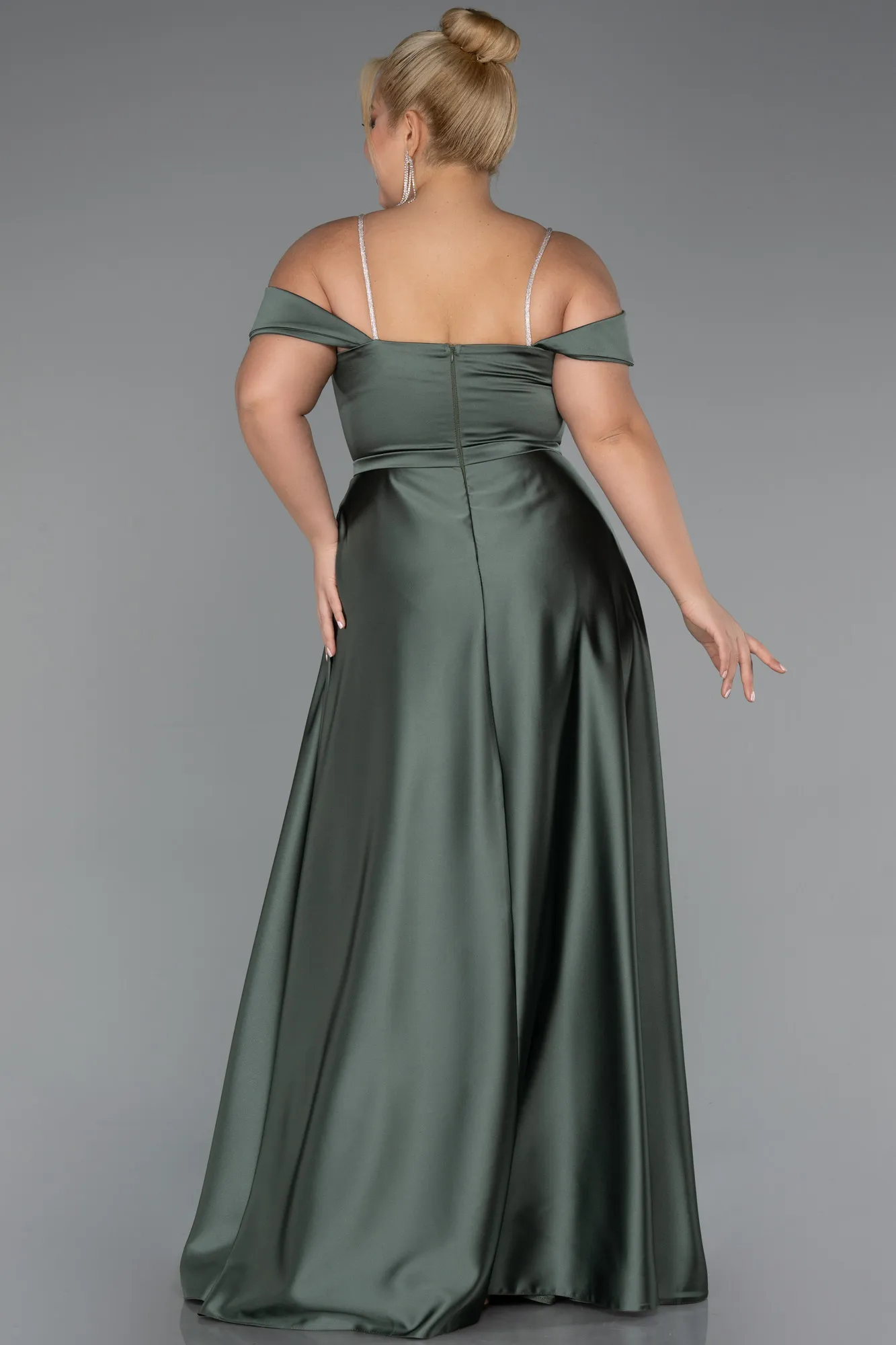 Olive Drab-Long Satin Formal Plus Size Dress ABU5346