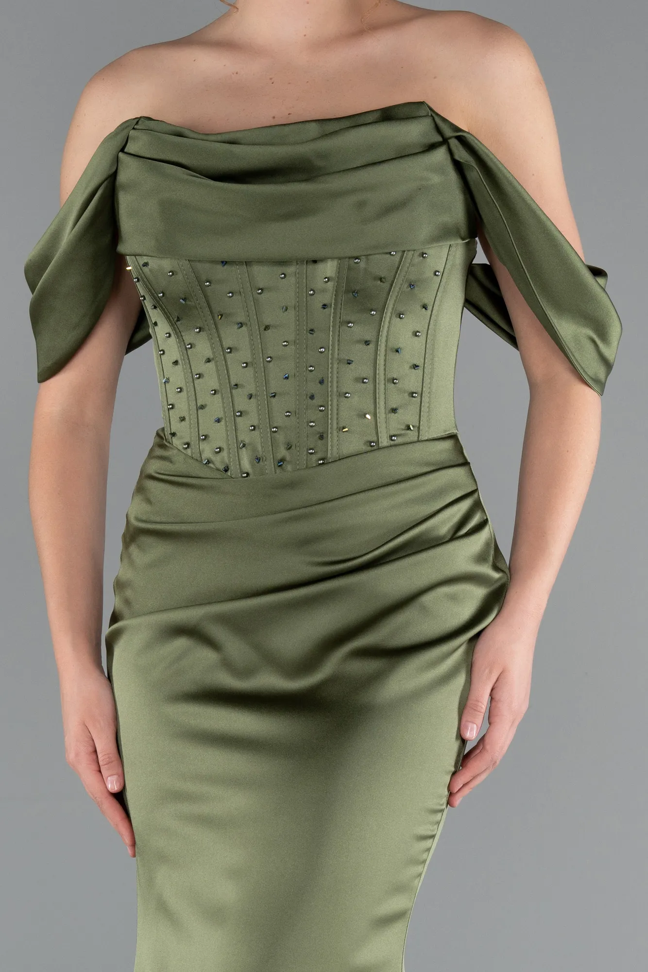 Olive Drab-Long Satin Mermaid Prom Dress ABU5017