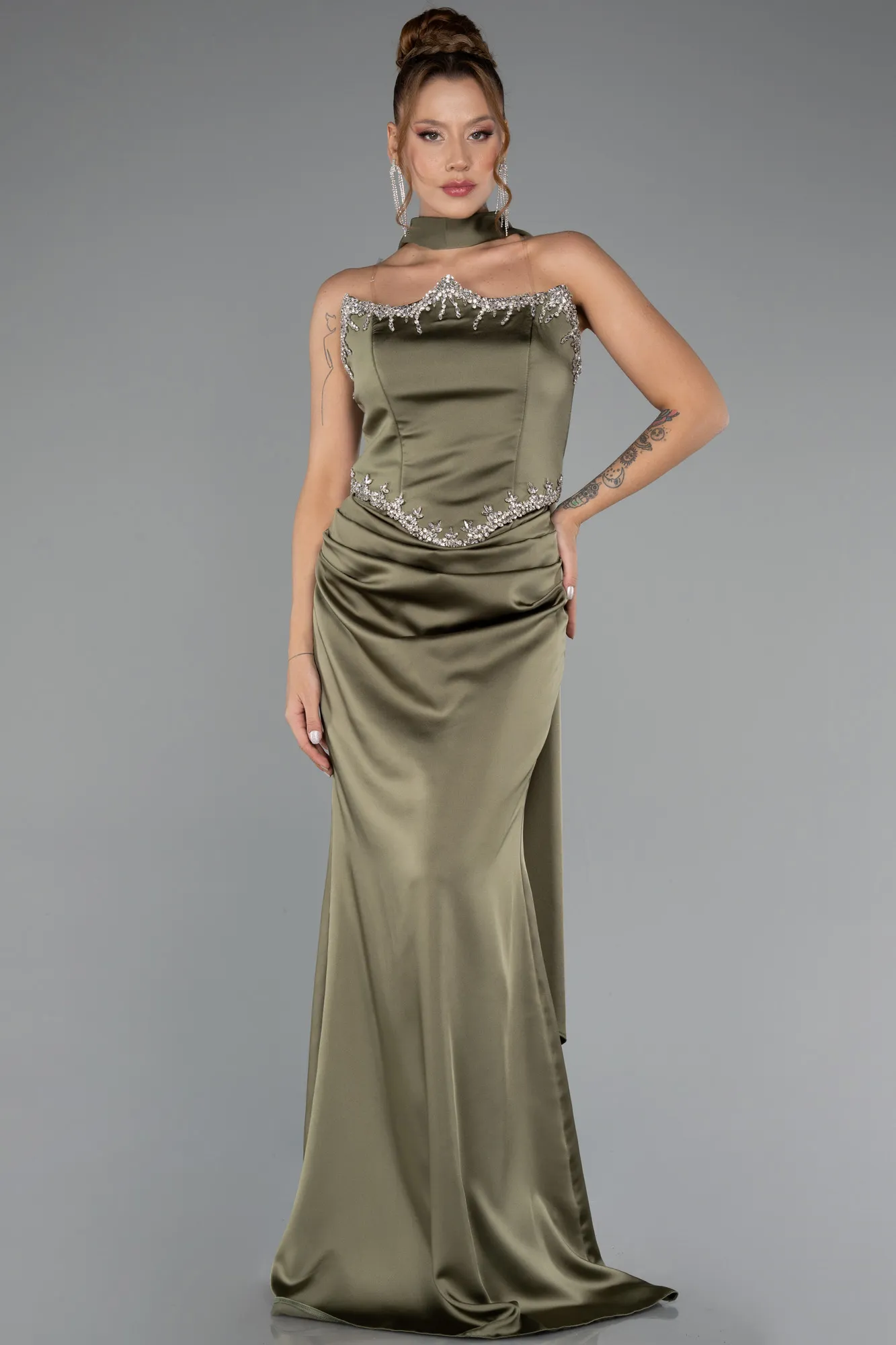 Olive Drab-Long Satin Mermaid Prom Dress ABU5370