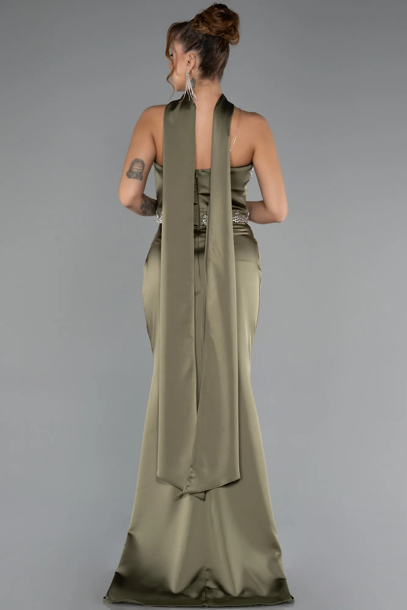 Olive Drab-Long Satin Mermaid Prom Dress ABU5370