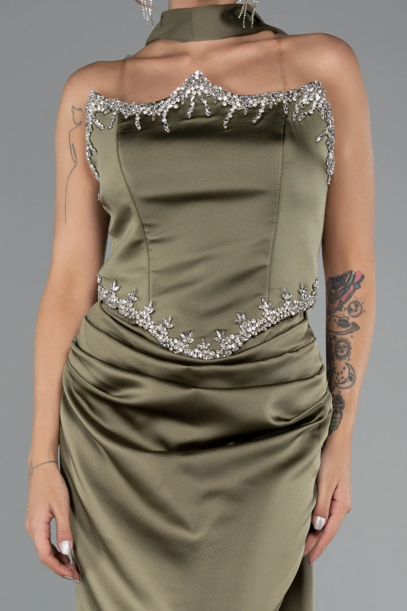 Olive Drab-Long Satin Mermaid Prom Dress ABU5370