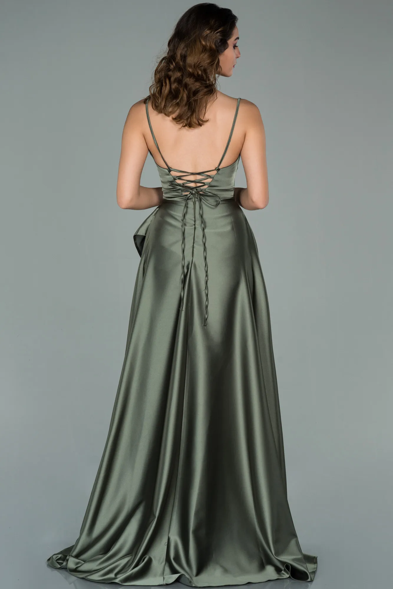 Olive Drab-Long Satin Plus Size Evening Dress ABU2011