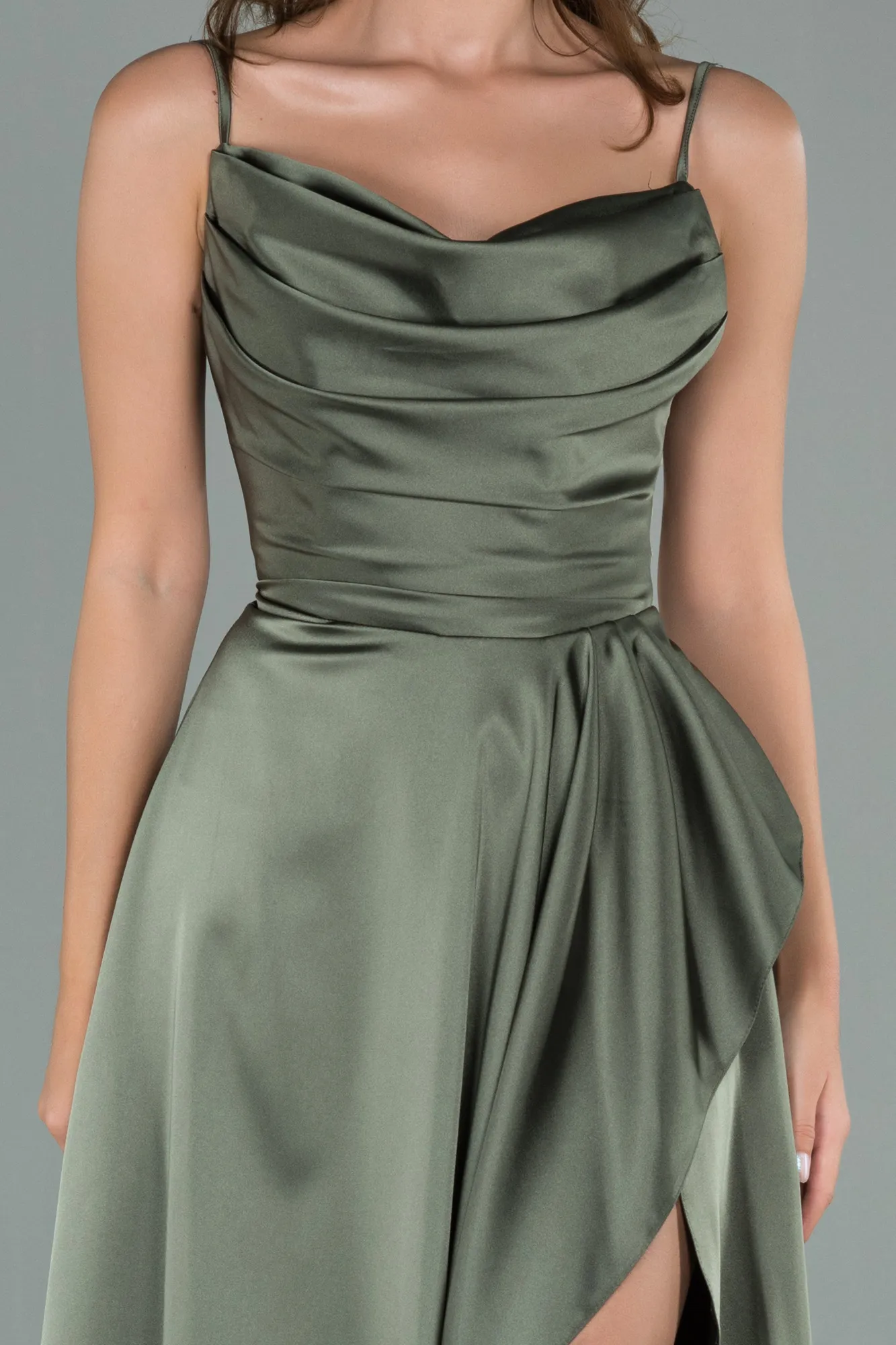 Olive Drab-Long Satin Plus Size Evening Dress ABU2011