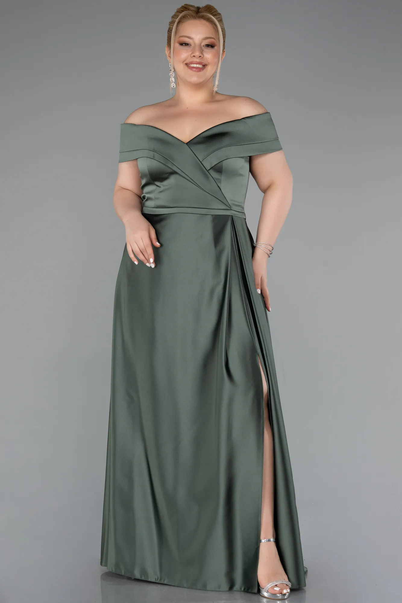 Olive Drab-Long Satin Plus Size Evening Dress ABU2355