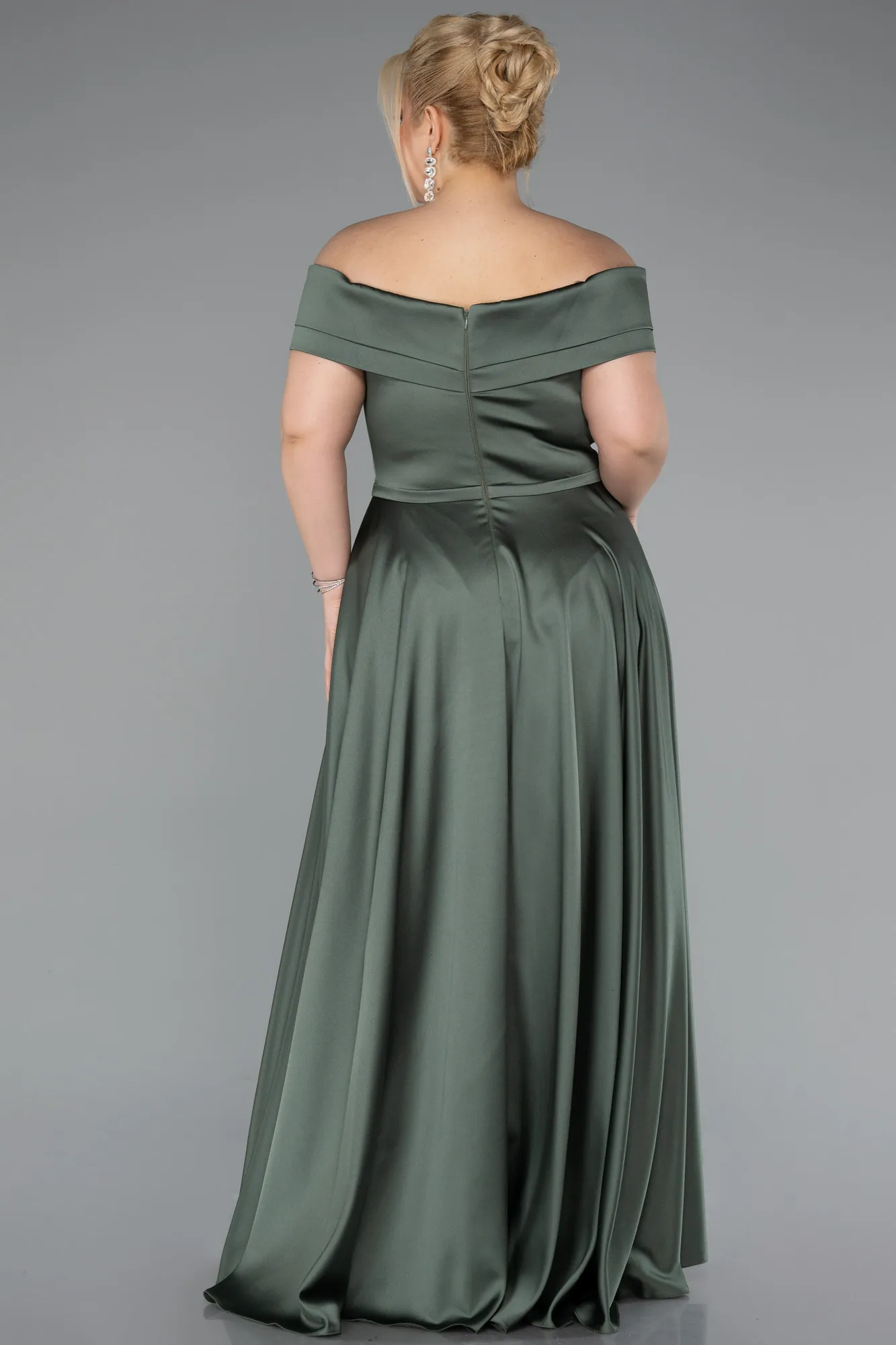 Olive Drab-Long Satin Plus Size Evening Dress ABU2355