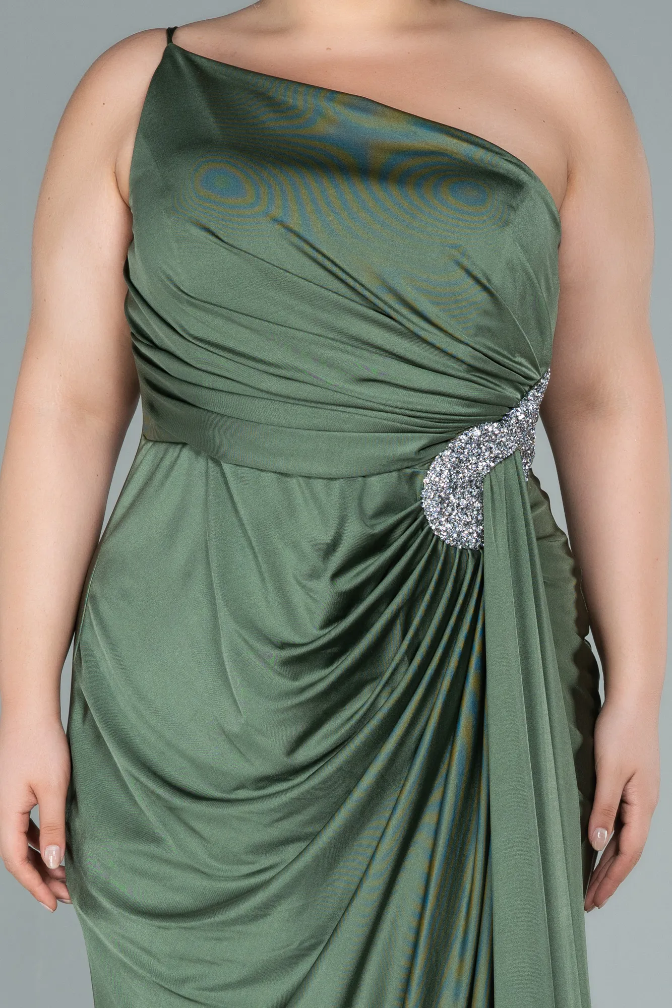 Olive Drab-Long Satin Plus Size Evening Dress ABU2532