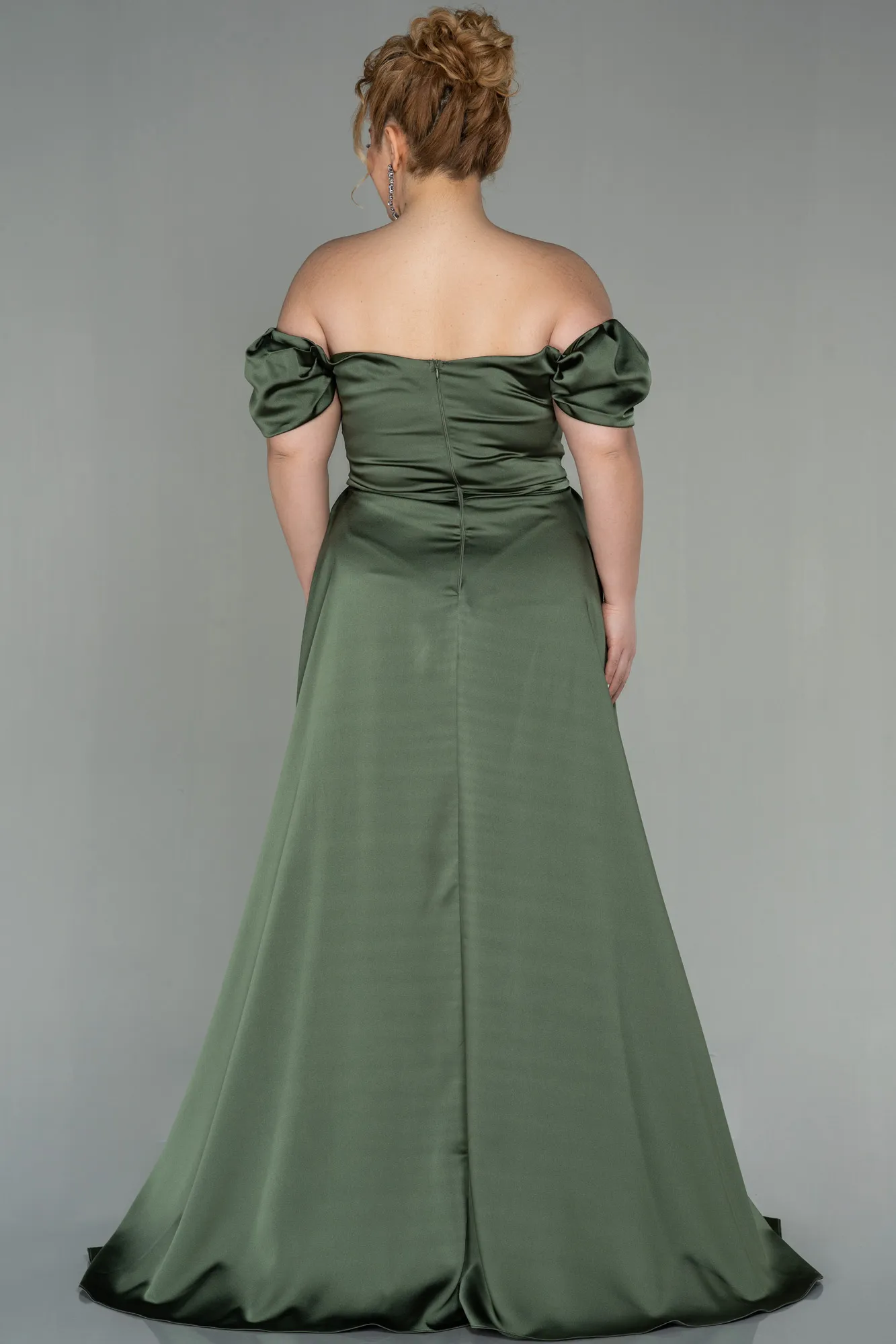Olive Drab-Long Satin Plus Size Evening Dress ABU2923