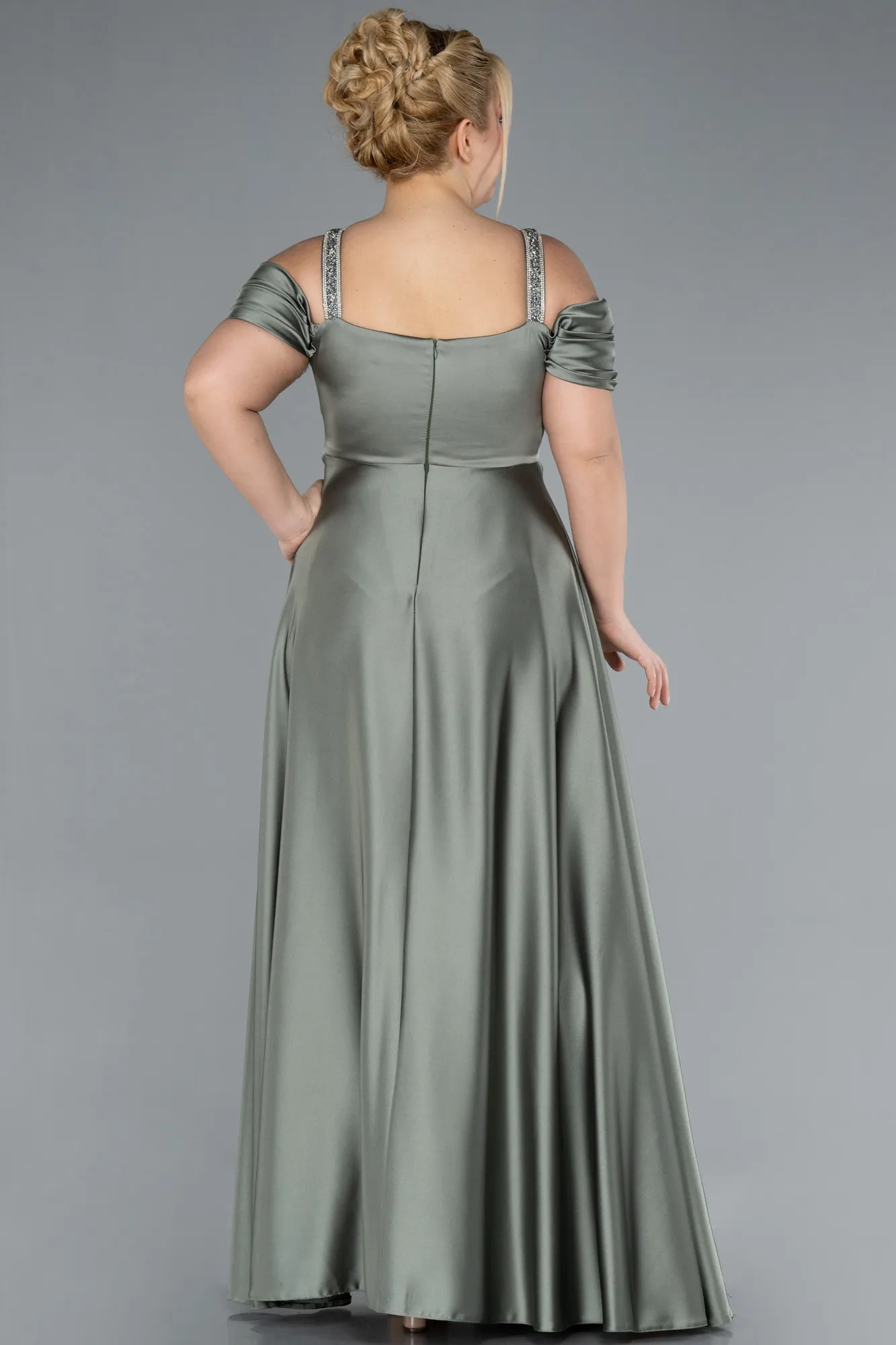 Olive Drab-Long Satin Plus Size Evening Dress ABU3277