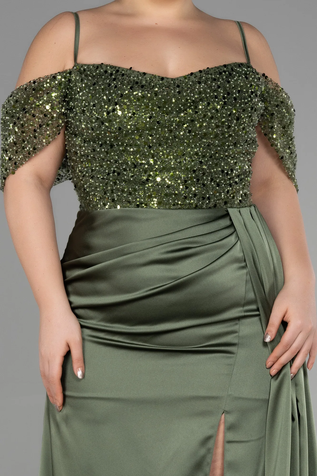 Olive Drab-Long Satin Plus Size Evening Dress ABU3522