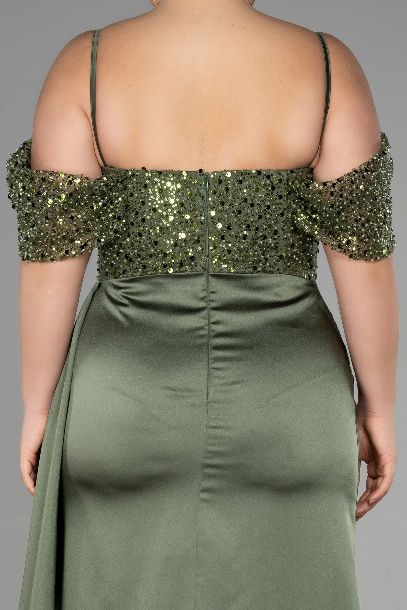 Olive Drab-Long Satin Plus Size Evening Dress ABU3522