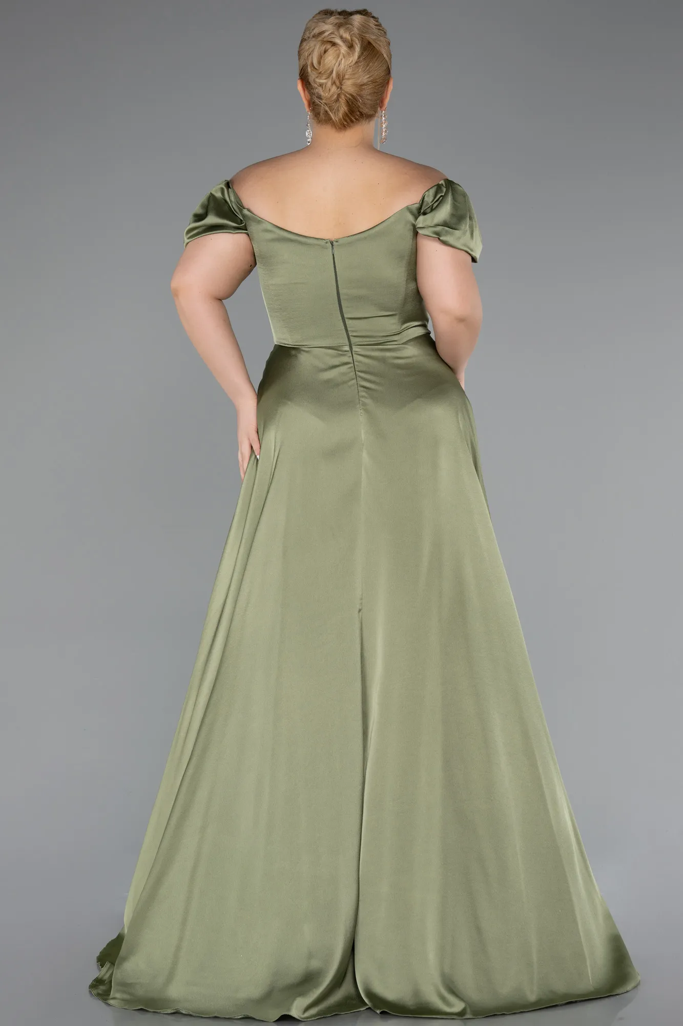 Olive Drab-Long Satin Plus Size Evening Dress ABU4576