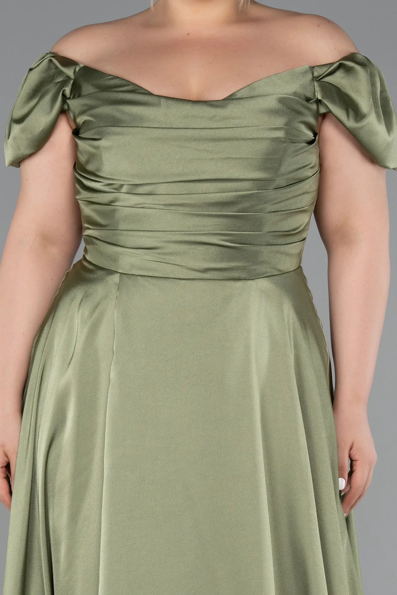 Olive Drab-Long Satin Plus Size Evening Dress ABU4576