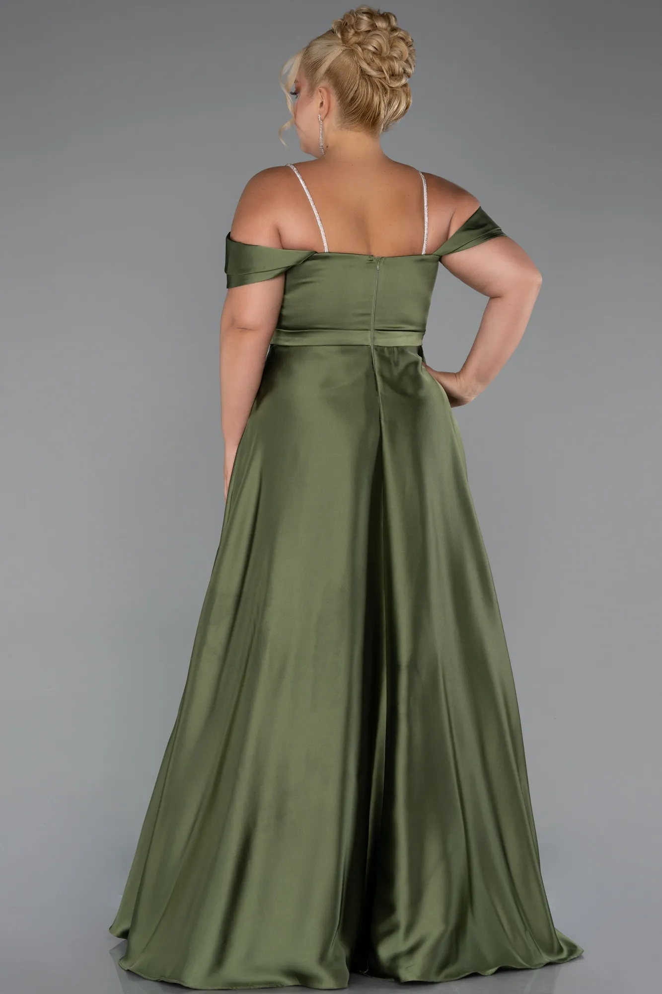 Olive Drab-Long Satin Plus Size Evening Dress ABU5251