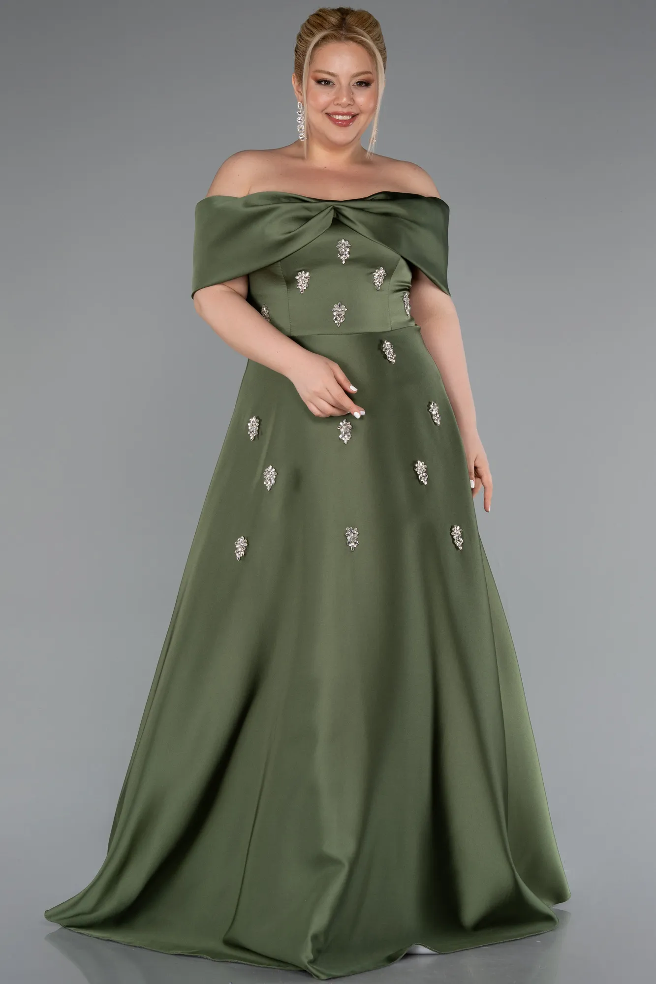 Olive Drab-Long Satin Plus Size Evening Gown ABU4998
