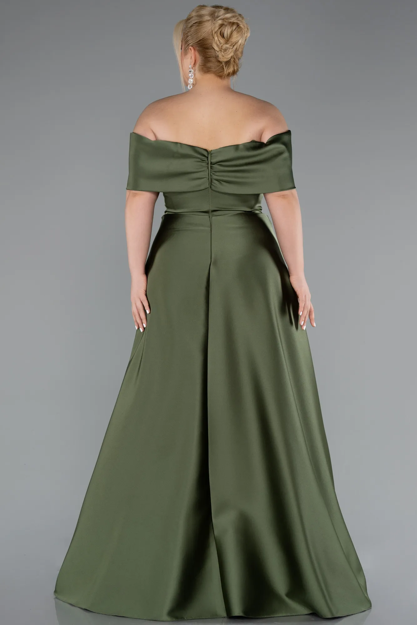 Olive Drab-Long Satin Plus Size Evening Gown ABU4998