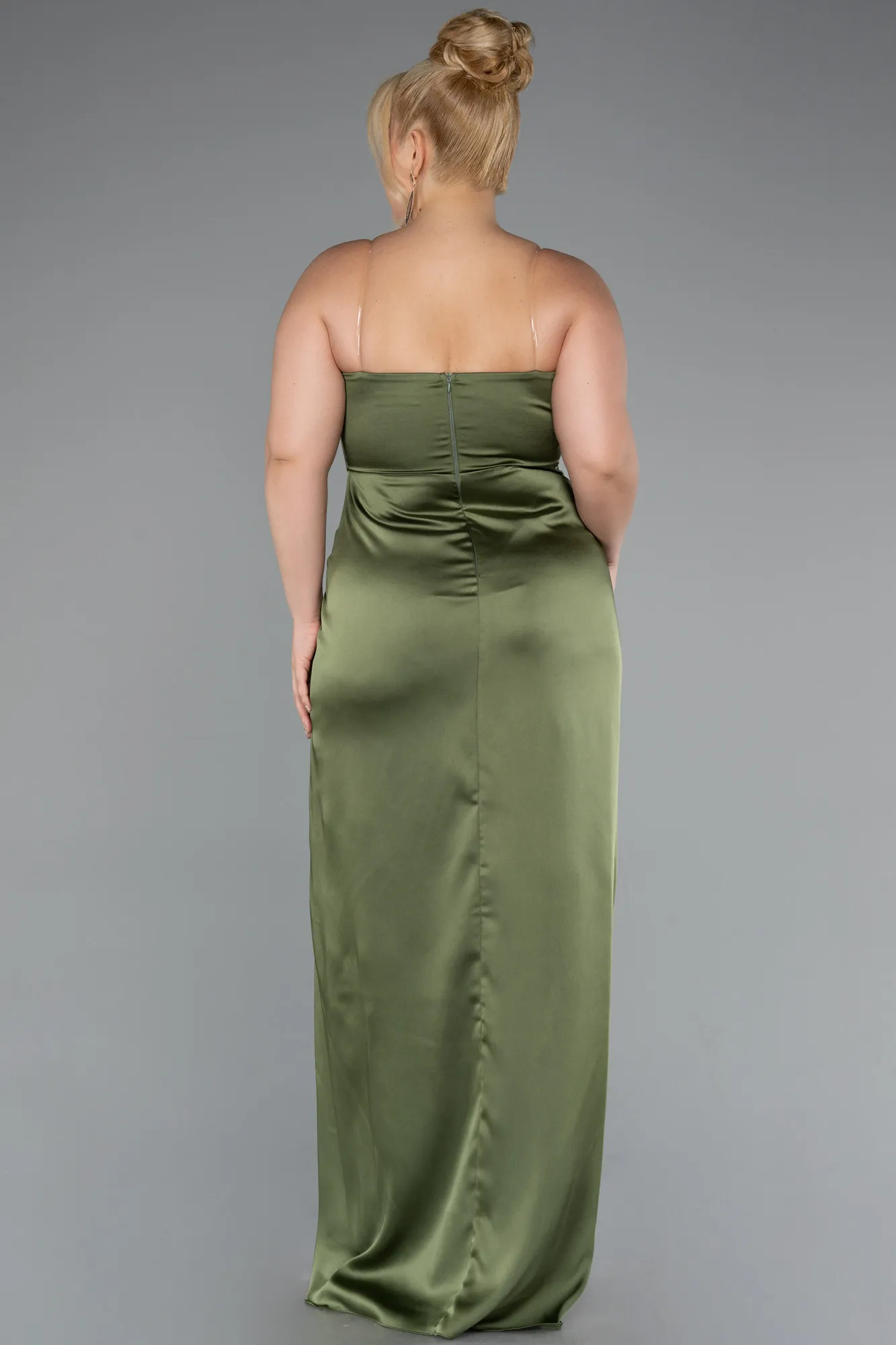 Olive Drab-Long Satin Plus Size Evening Gown ABU5179